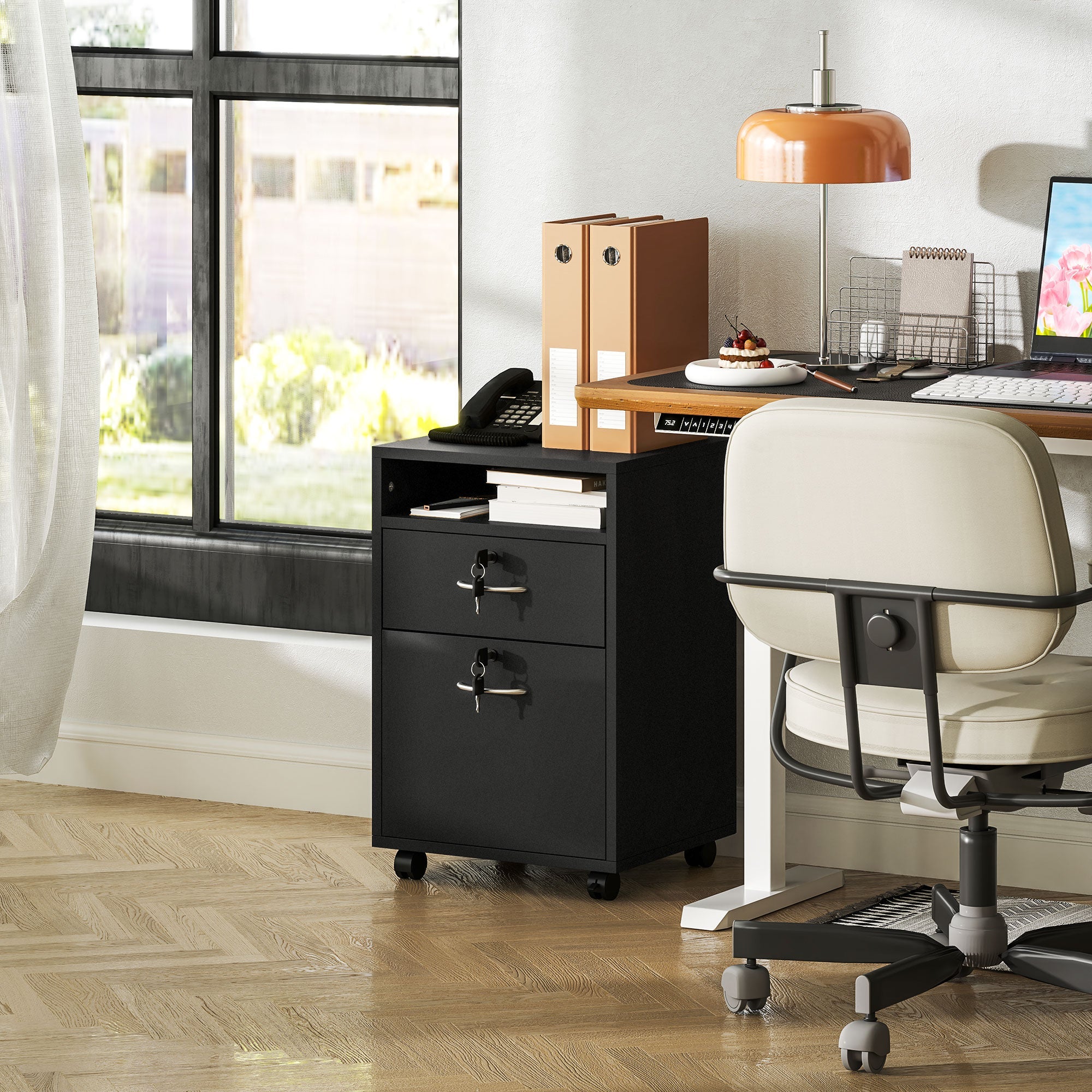 Filing Cabinet 60cm Drawer Open Shelf Mobile Two Locks Black