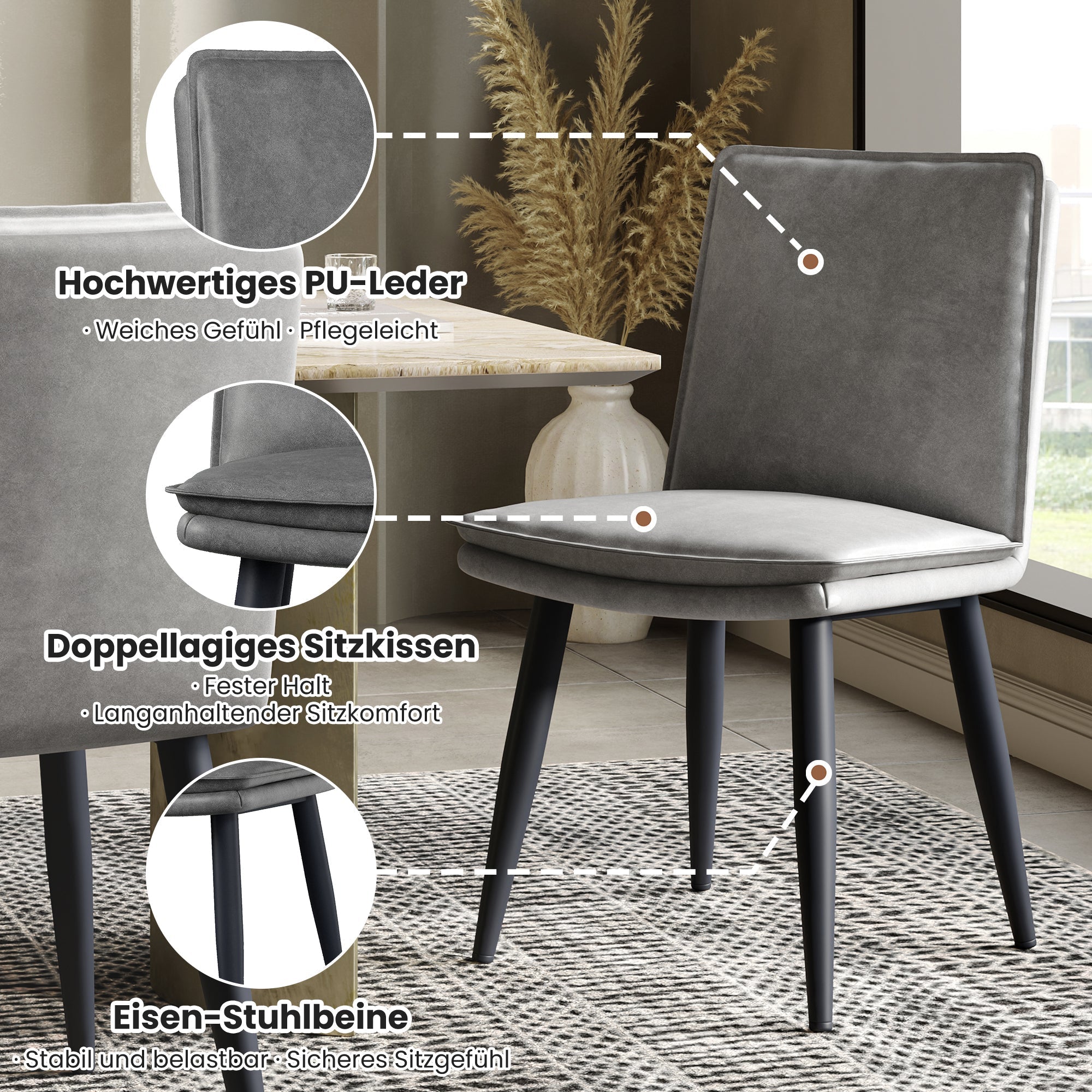 4 Dining Chairs PU Double Cushion Modern - Grey