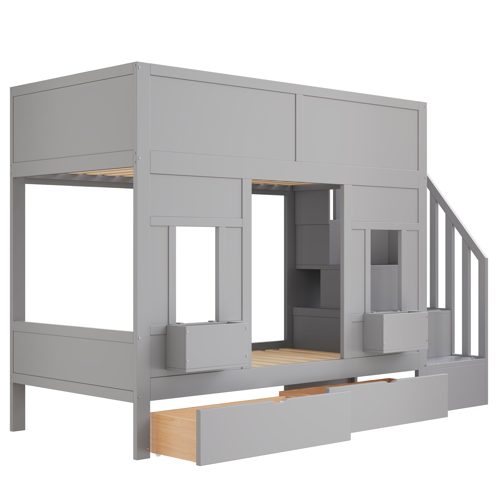 Bunk Bed with Storage Stairs, Drawers, Windows and Safety Railing, 90x200cm, Wood