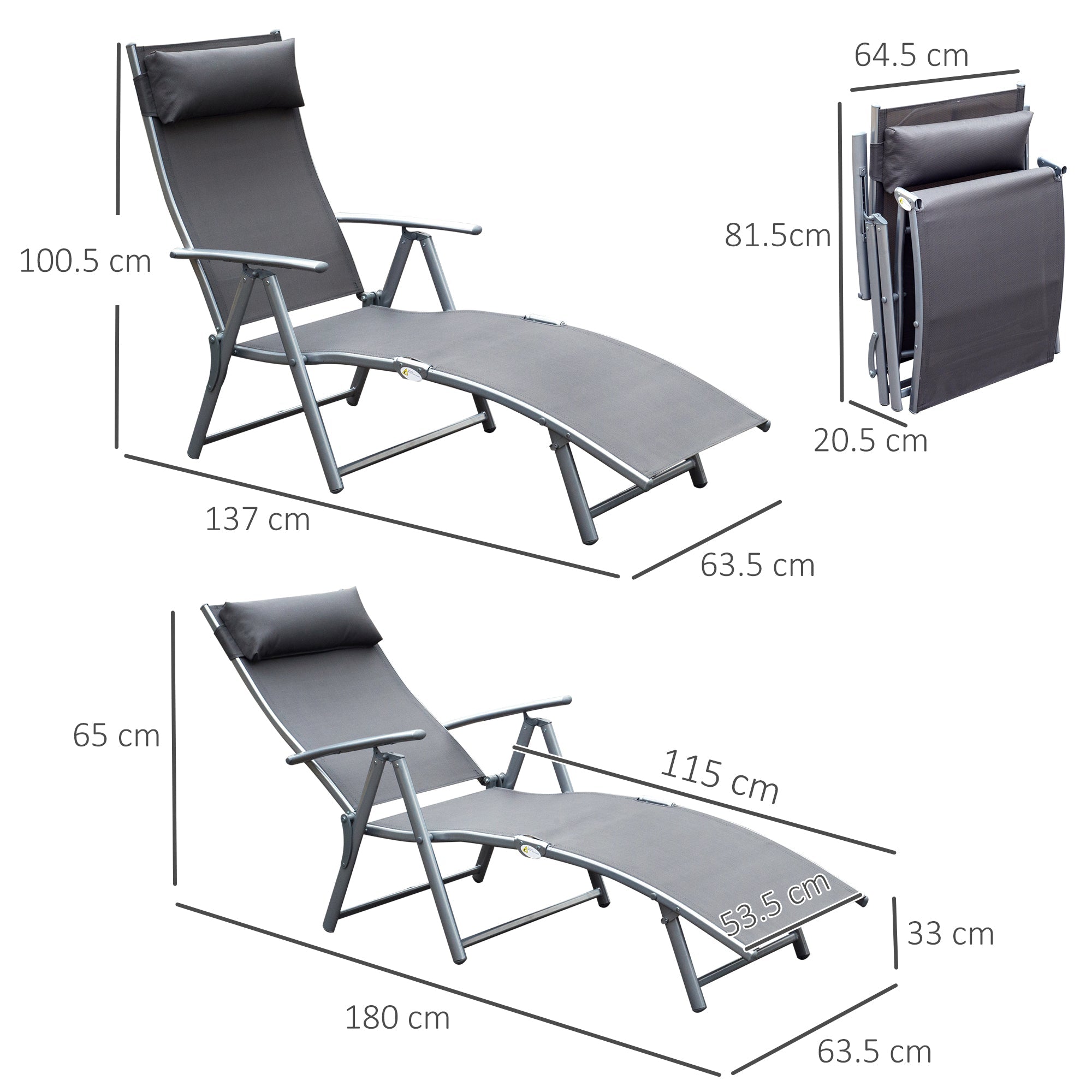 Folding Sun Lounger Deck Chair with Cushion, 7-Position Adjustable - Grey