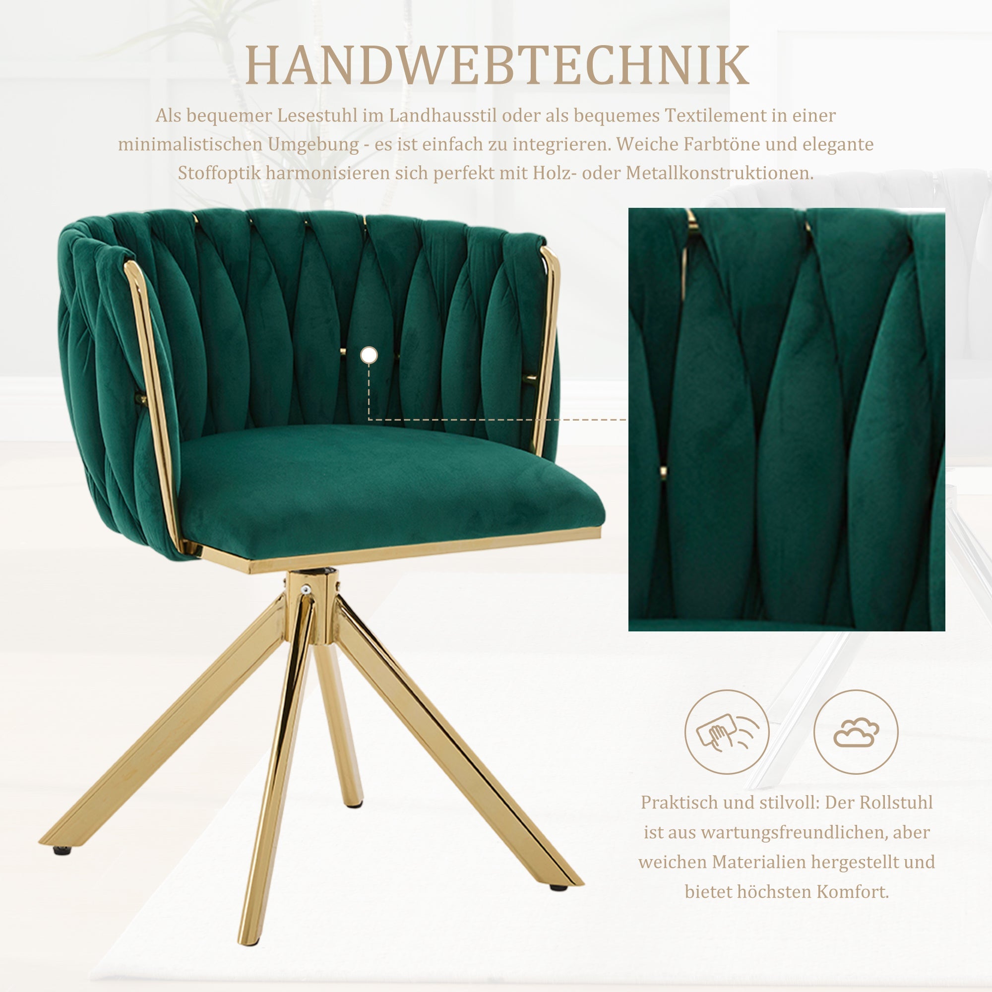 Velour Armchair, 180° Swivel, Ergonomic, Metal Frame