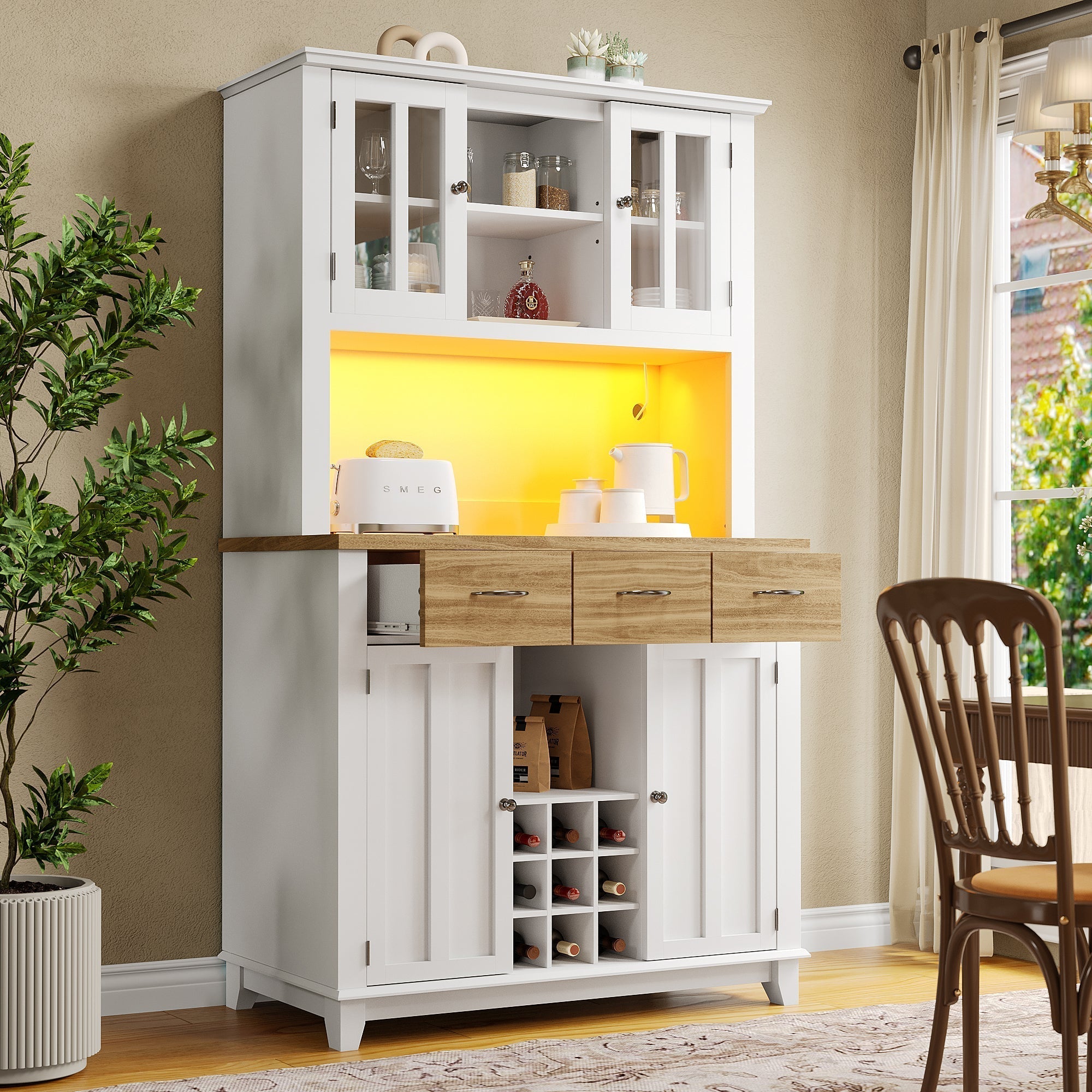 Tall Kitchen Buffet Display Cabinet Adjustable Shelves LED Lighting Wood-Colored Drawers