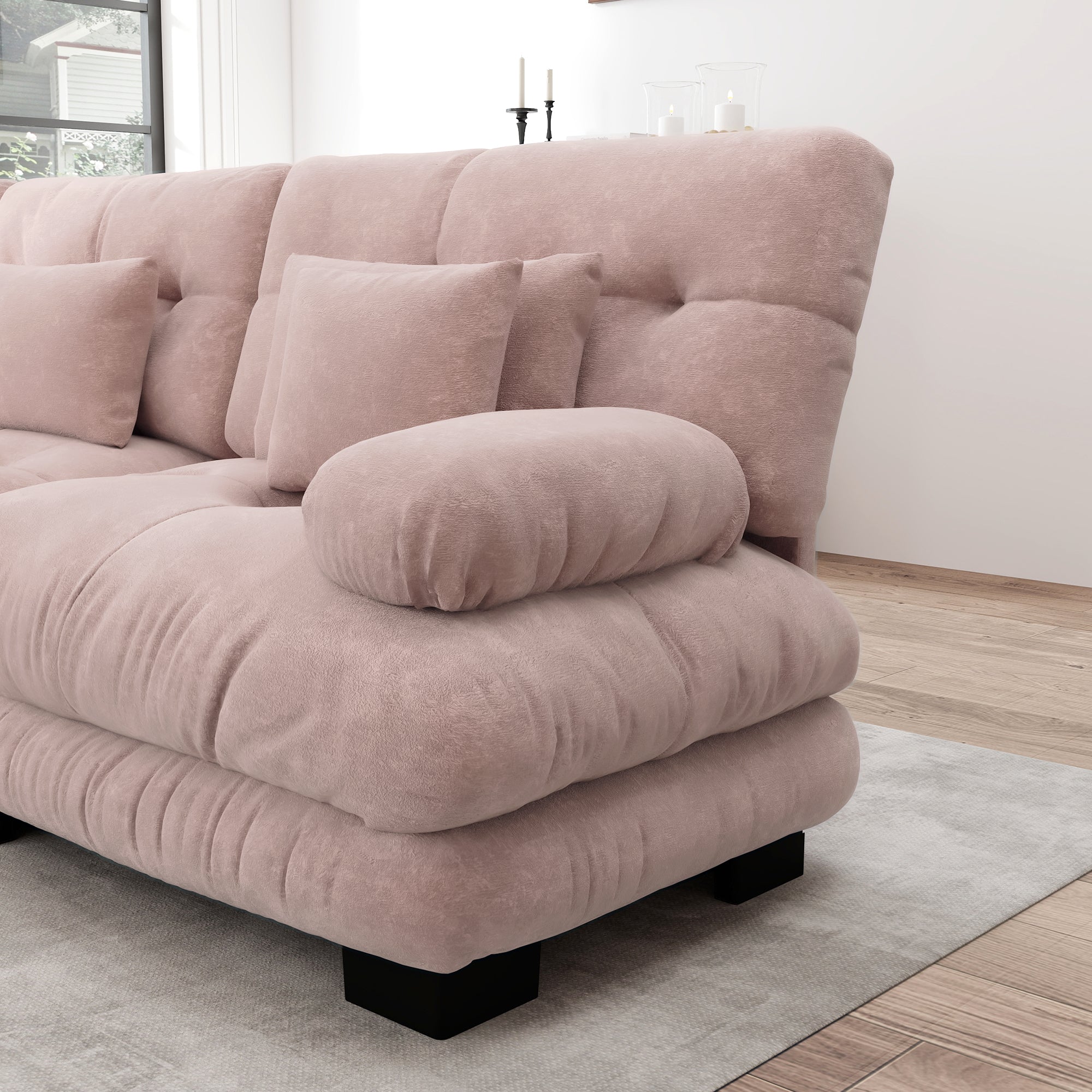 Luxury Modular Corner Sofa - Oversized L-shaped Cloud Couch with Ottoman, Chenille Pink