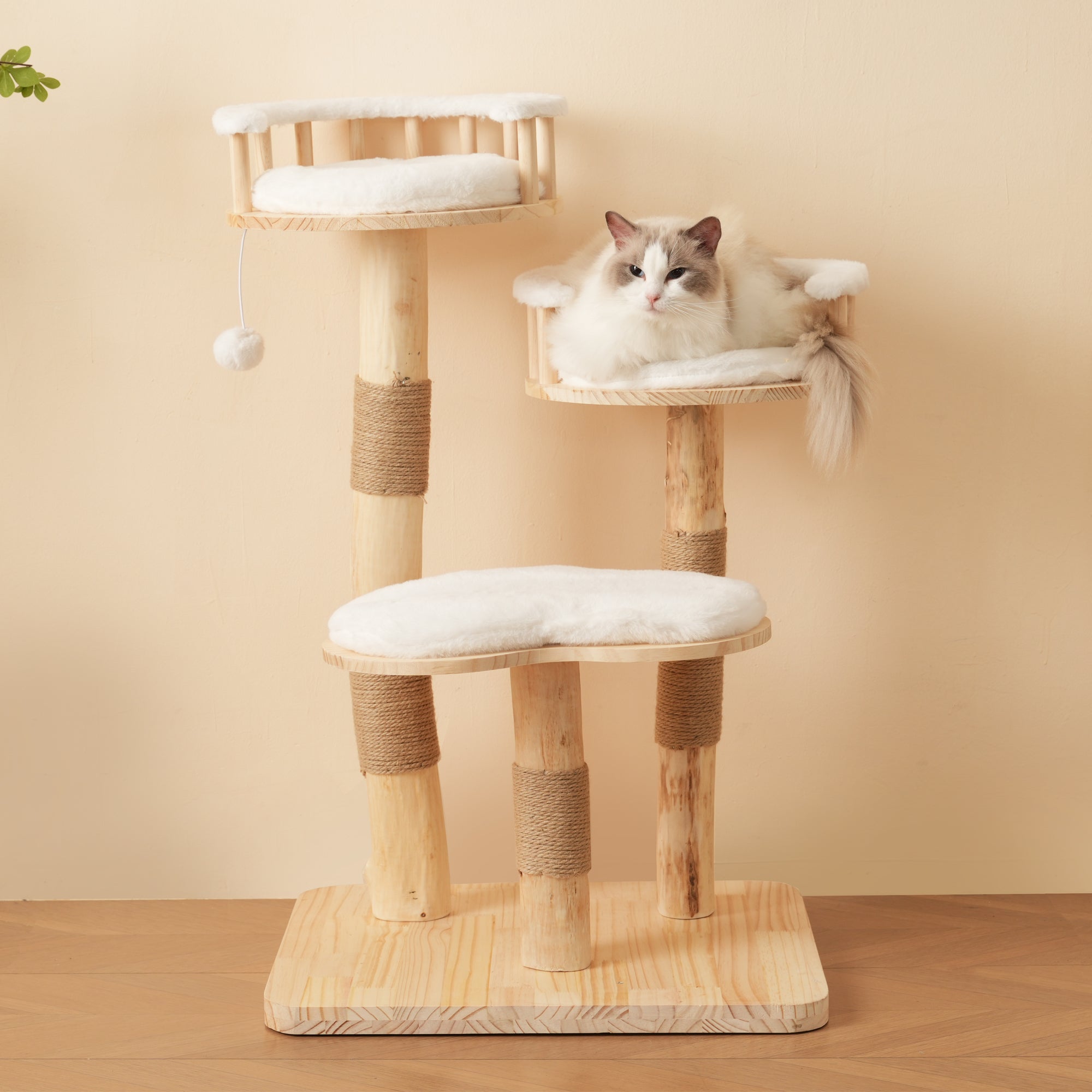 Designer Cat Climbing Frame, 98cm 3-Step Springboard Cloud Imitation, Solid Wood Natural