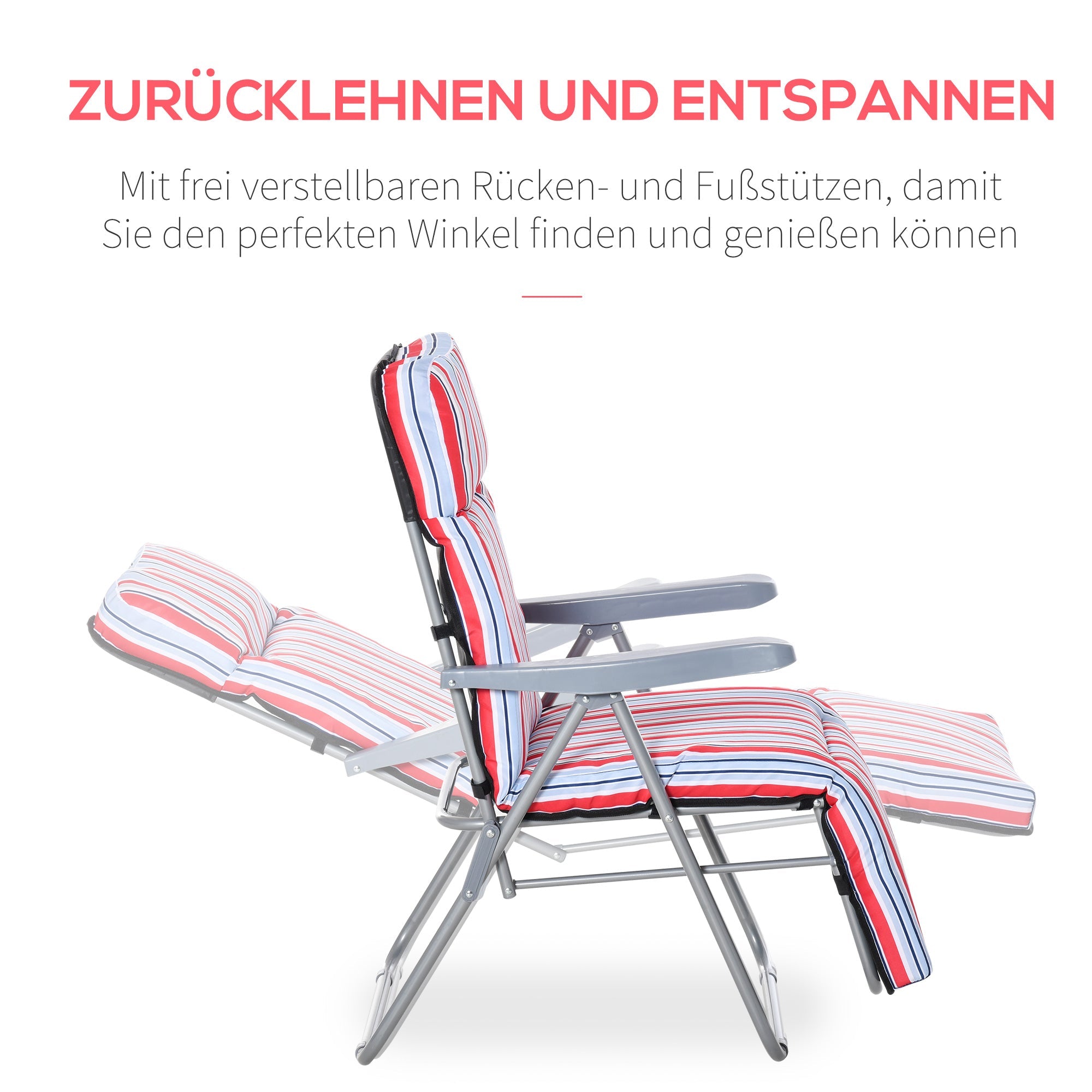 Sun Lounger Set of 2, Foldable Adjustable Backrest with Cushions, Red Steel+Polyester
