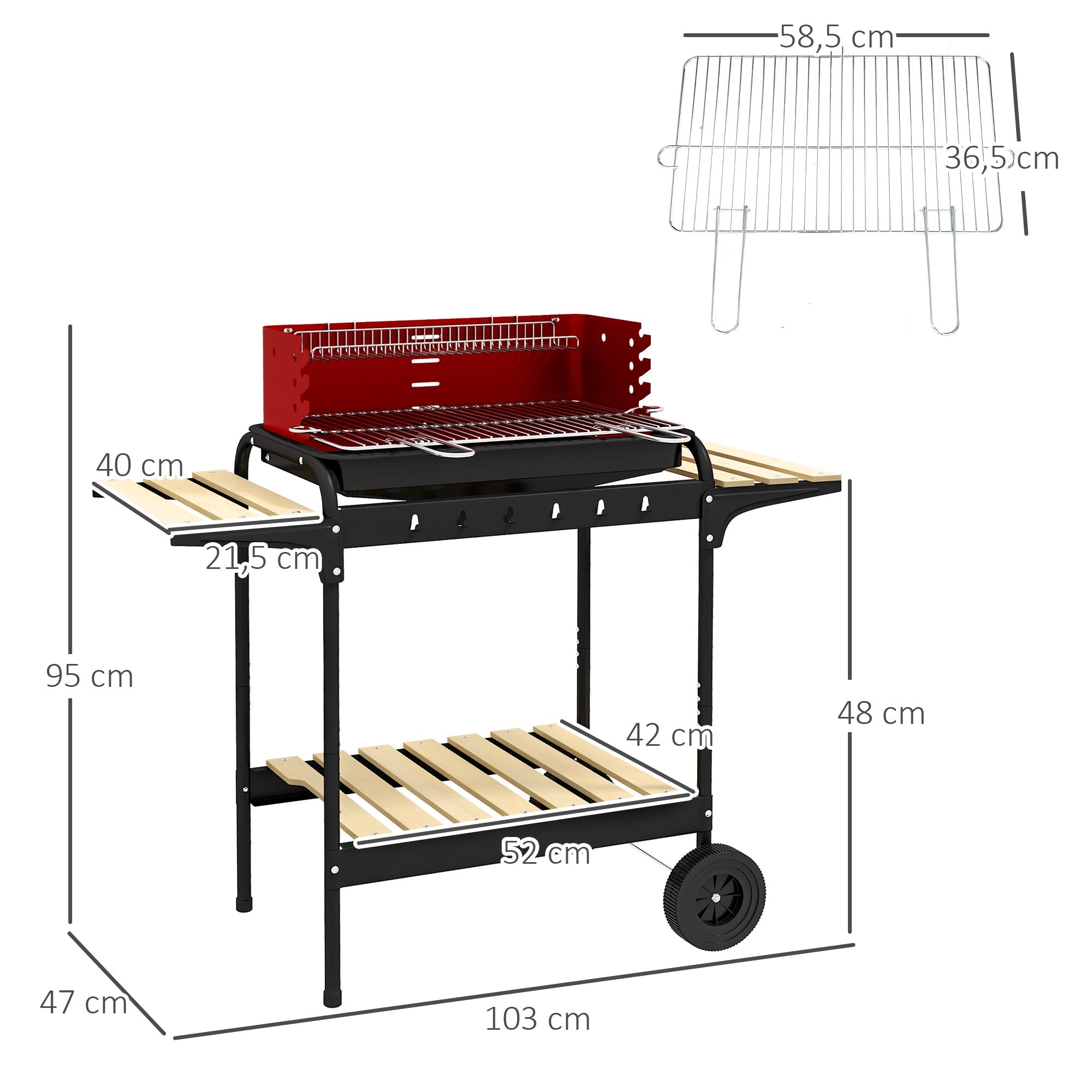 Metal Charcoal Grill BBQ Smoker Mobile with Wheels Adjustable Grate Wood Shelf
