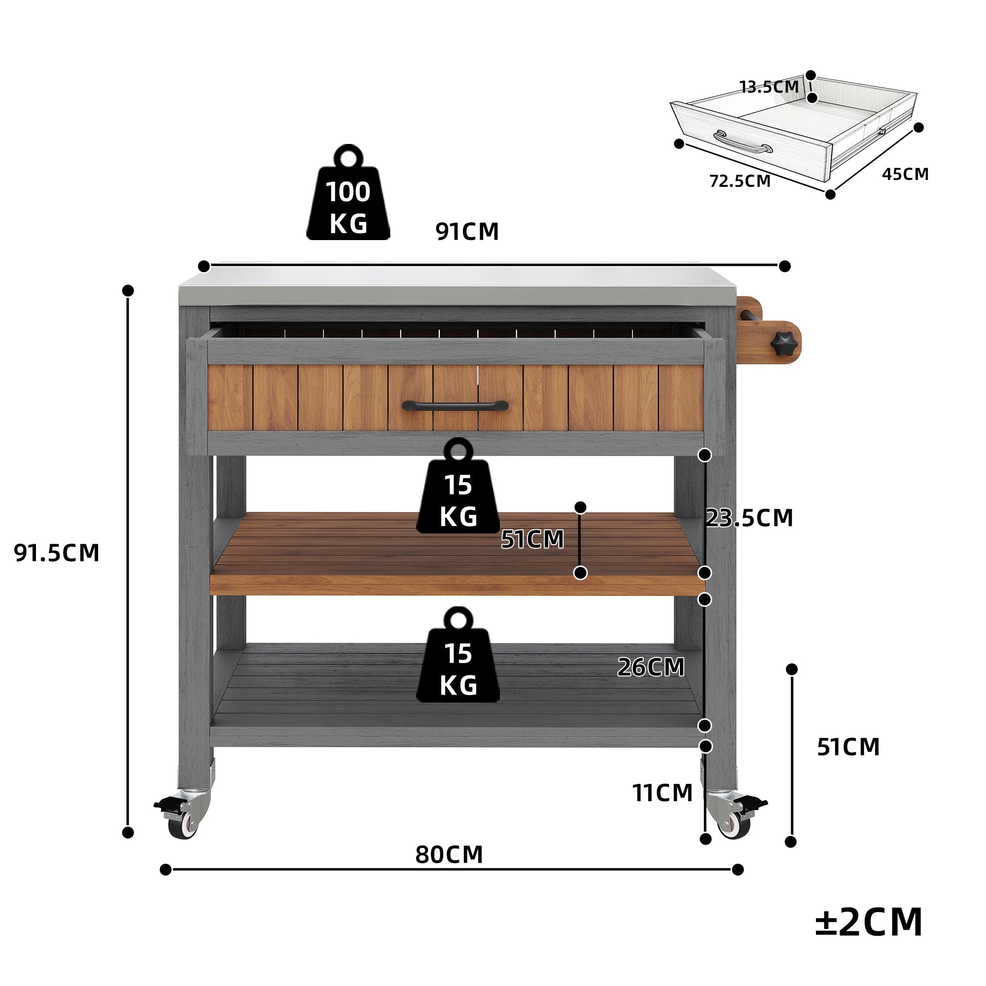 Garden Cabinet with Wheels, Drawer and Towel Rack, Stainless Steel Worktop