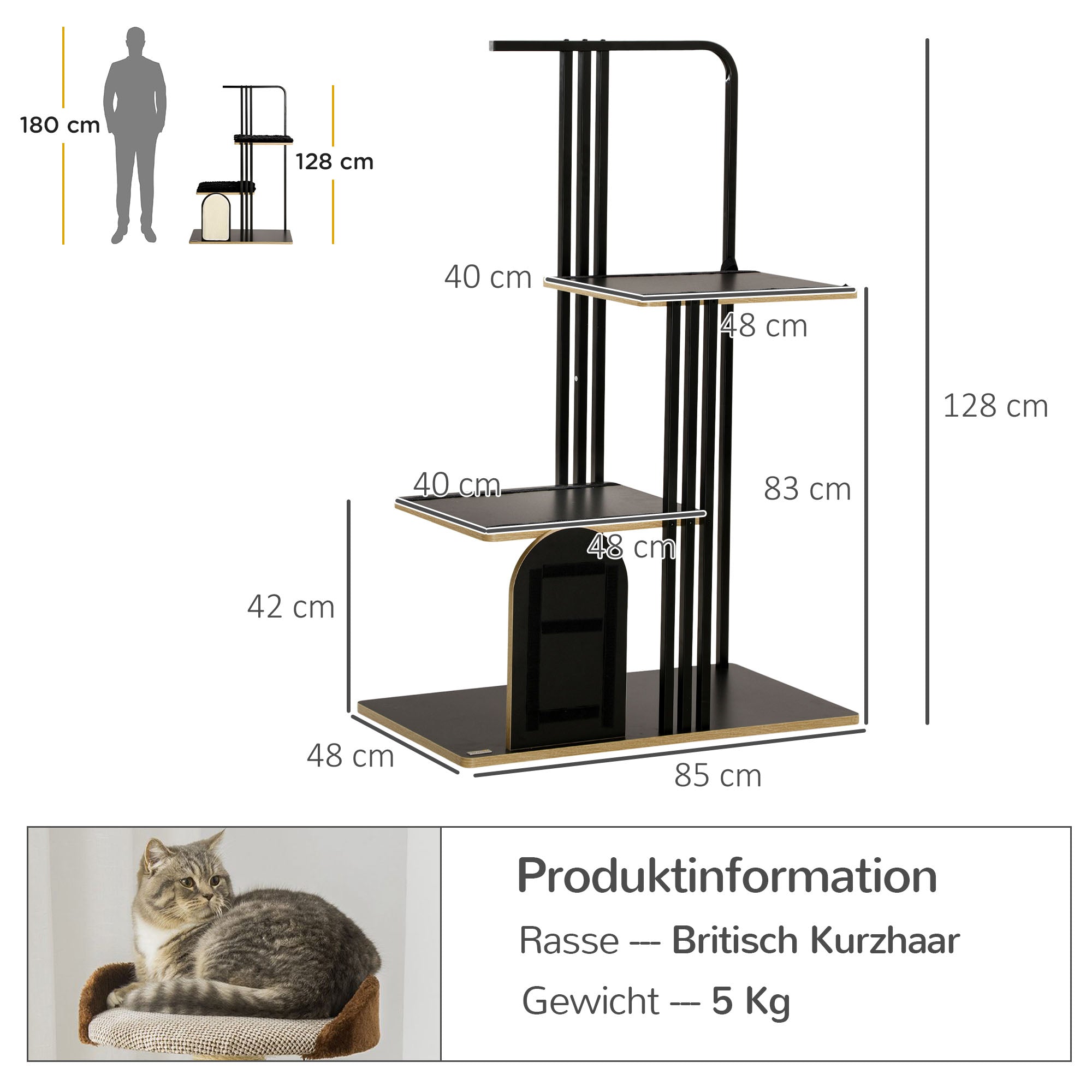 Katzenbaum mit Kissen, Kratzbrett, 2 Plattformen, Stahl Schwarz