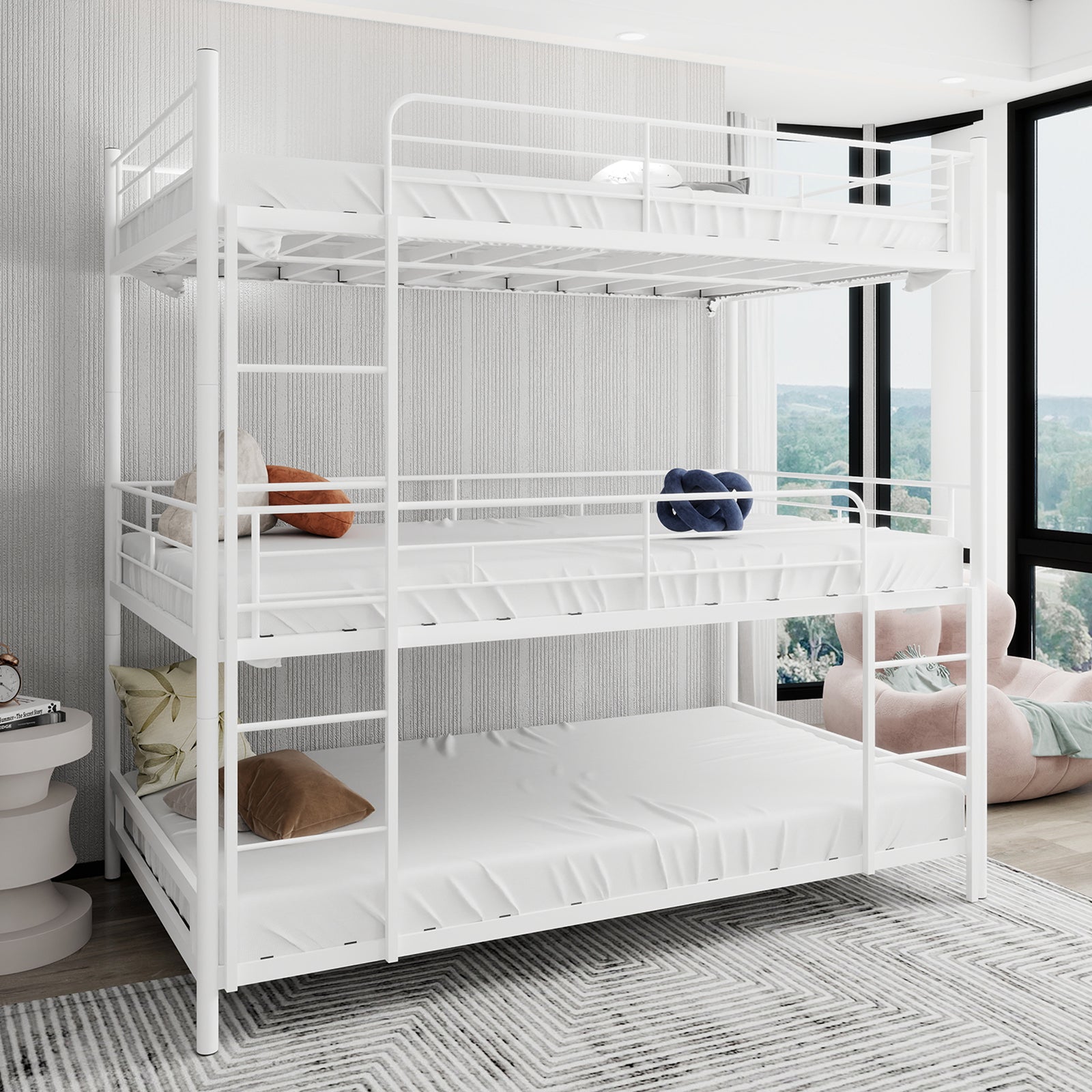 Triple Frame Bed, Heavy-Duty with Built-in Ladder & Railing, Metal