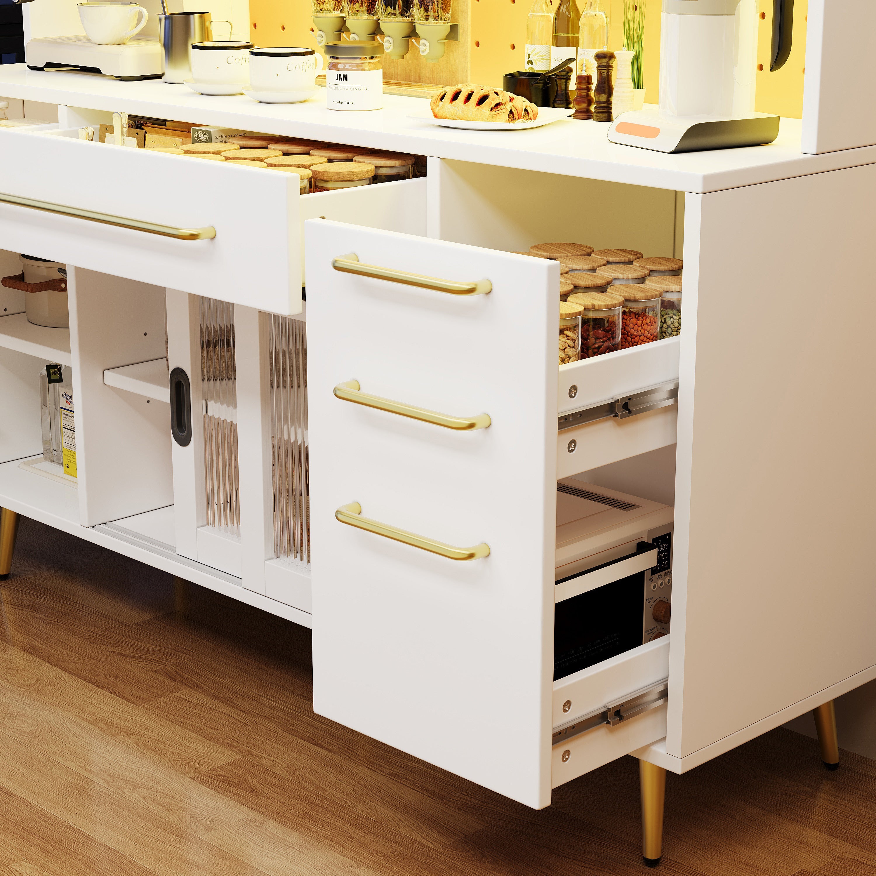 Modern Sideboard Storage Cabinet with LED Lighting and Pegboard, White