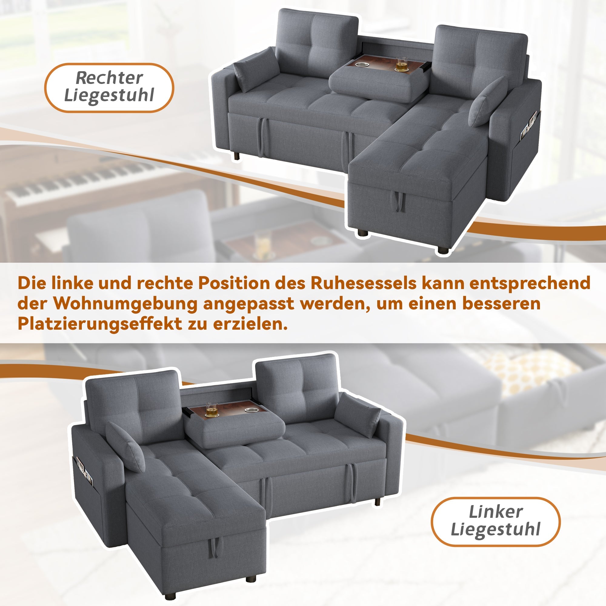 Modern L-Sofa Modular Pull-out Sofa Bed Sleeping Function Storage Cup Holder