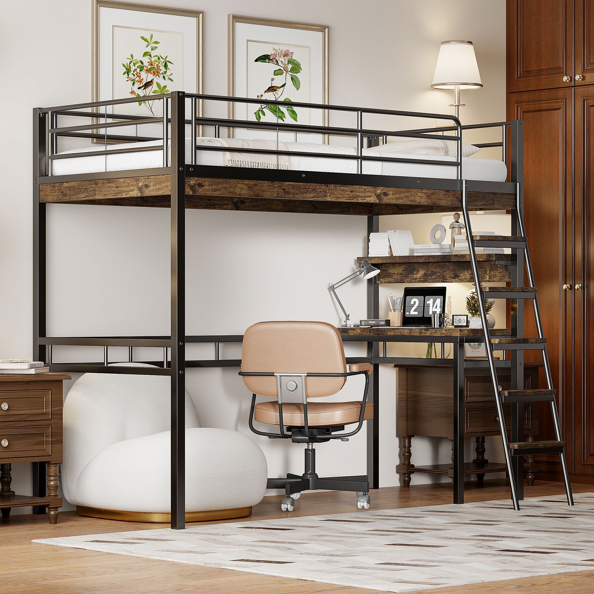 Loft Bed 90x200cm with Desk Shelves Ladder - Black Iron