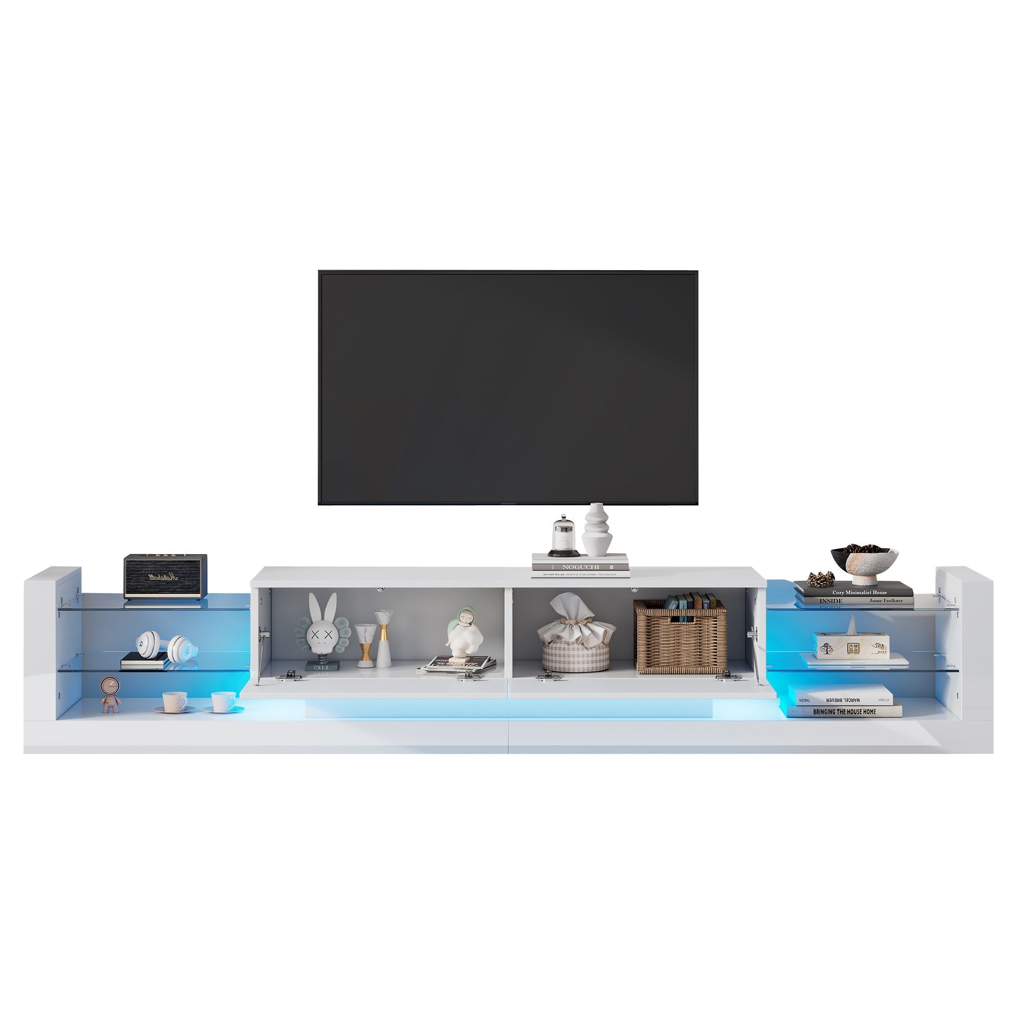 High-Gloss TV Cabinet, 181cm LED Lit, 80-inch Capacity with Glass Front and Two Folding Drawers