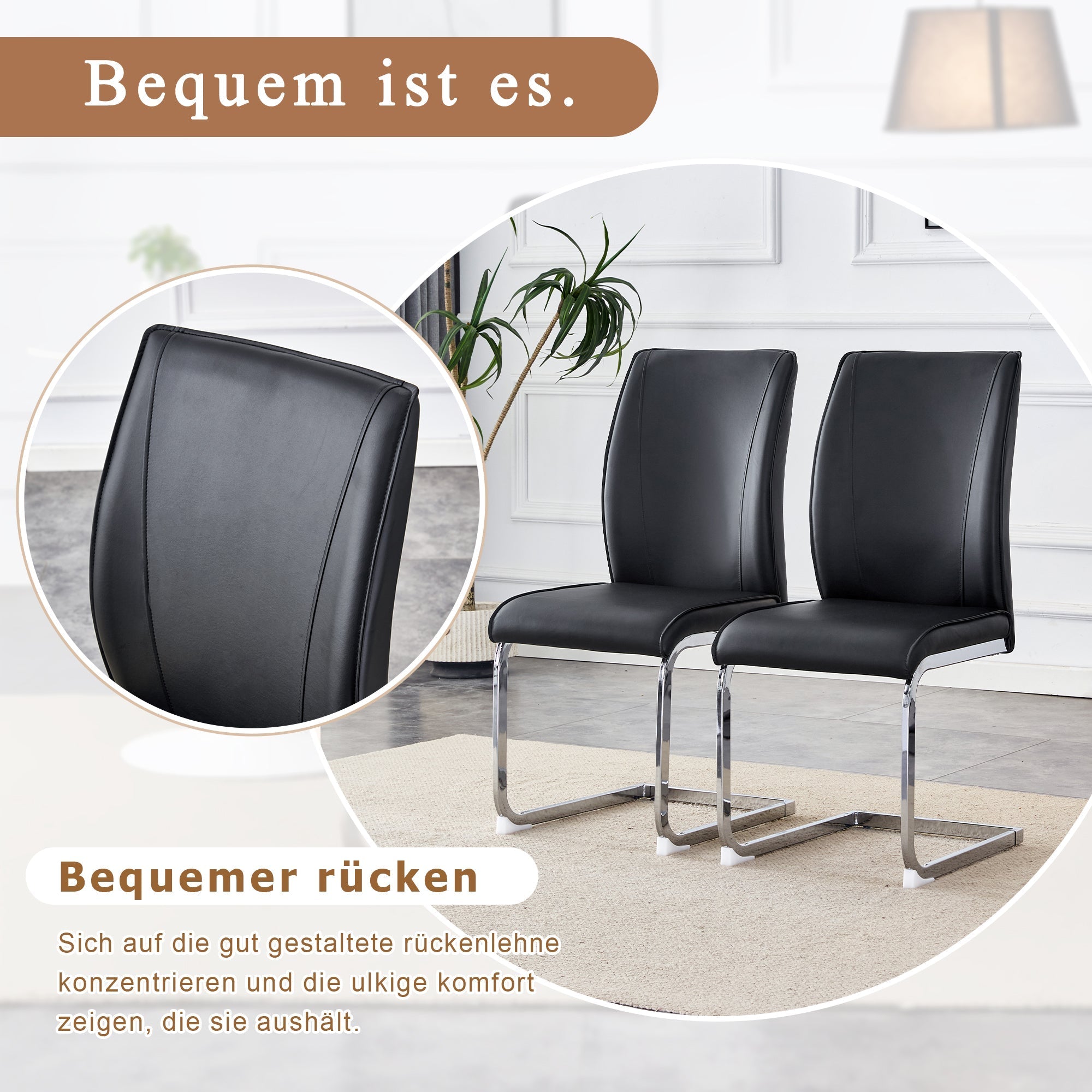 Stühle (4er-Set), bequem mit silberfarbenen Metallbeinen, schwarzes PU