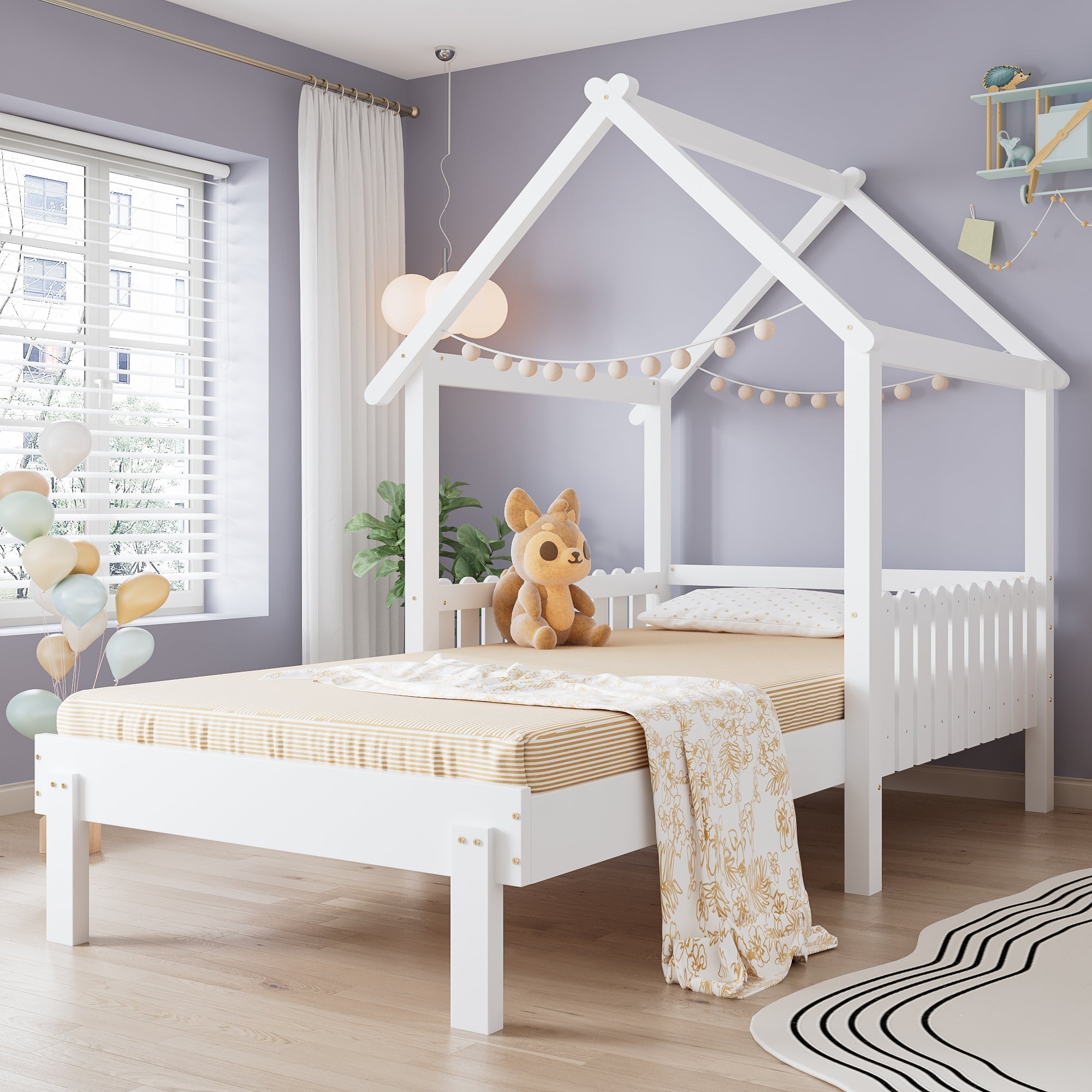 Wooden Bed with Pull-out and Safety Guardrails, 3ft Single, White MDF/Pine