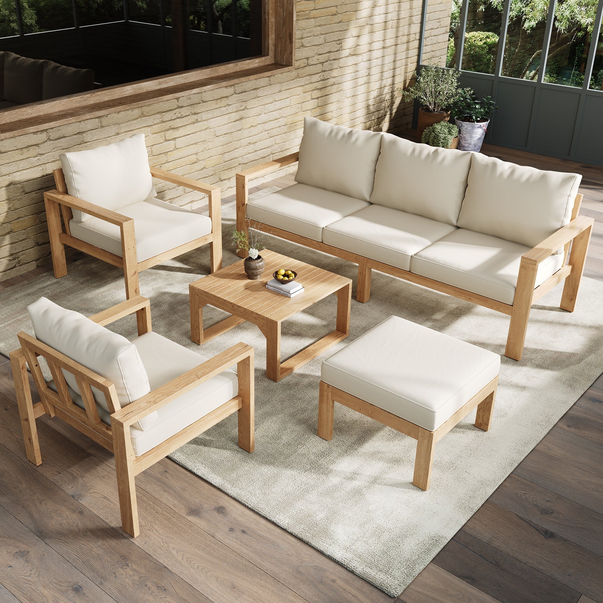 Garden Furniture Set with 5 Pieces for 4-6 People, Acacia Wood and Cream Canvas