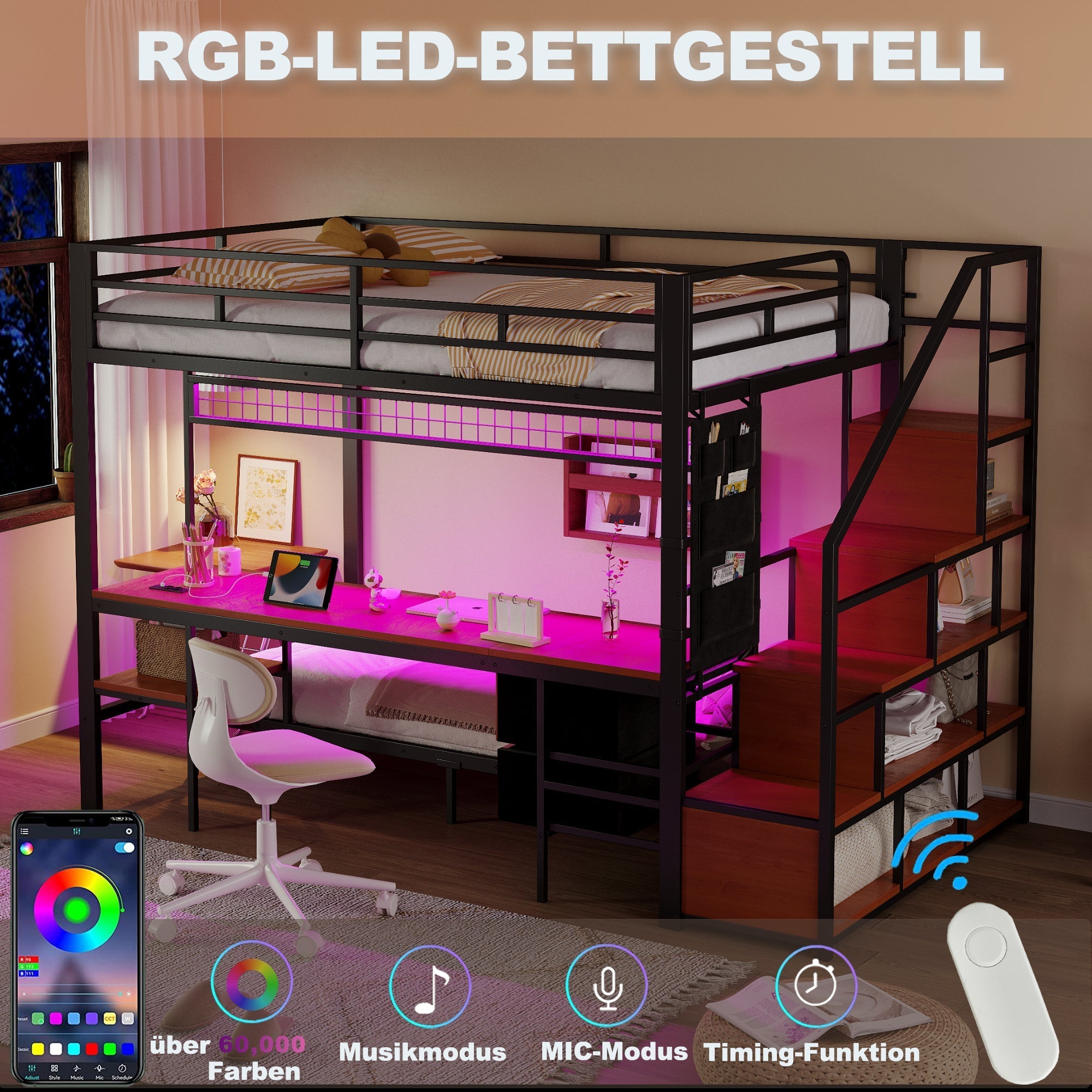 Metal Loft Bunk Bed Multifunctional with Desk LED Light Power Outlets Storage 140x200/90x200 Black