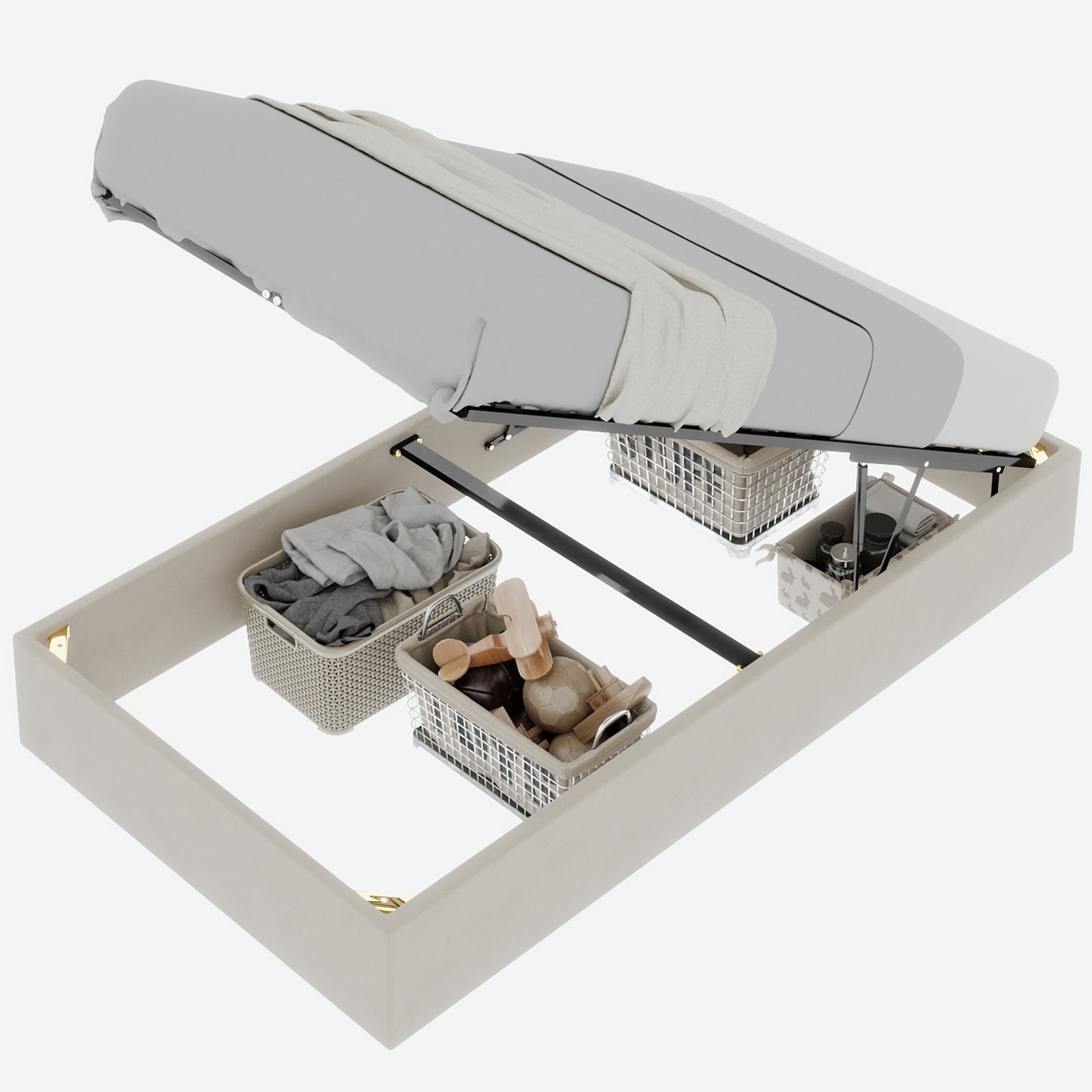 Modern Minimalist Bed Frame, Gas Lift Piston, 90x200cm, Beige Dutch Velvet