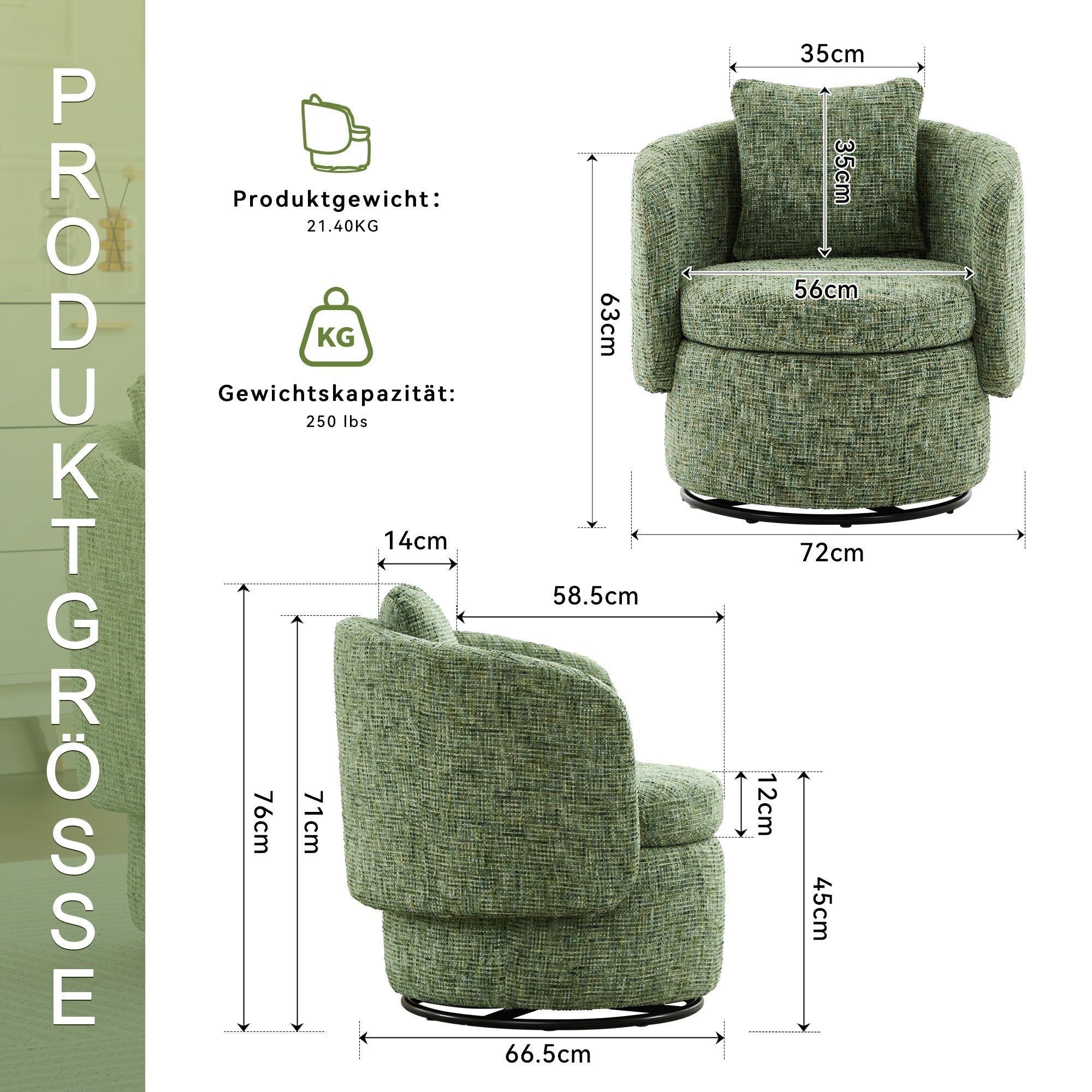 Swivel Armchair 360° Rotating Accent Chair Hidden Storage Plump Cushion Green