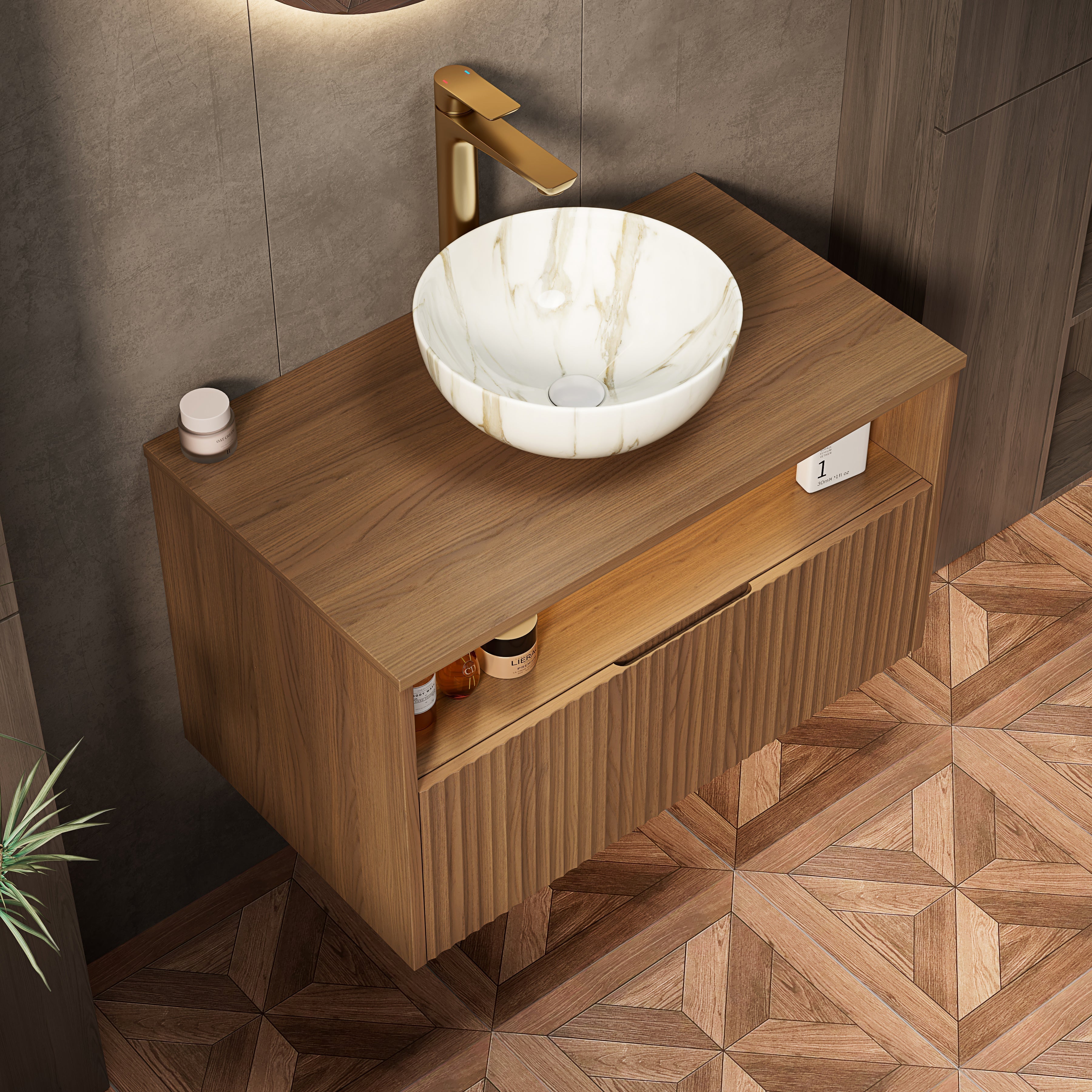Floating Bathroom Sink with Ceramic Bowl and Sensor Light, Espresso Wood Grain