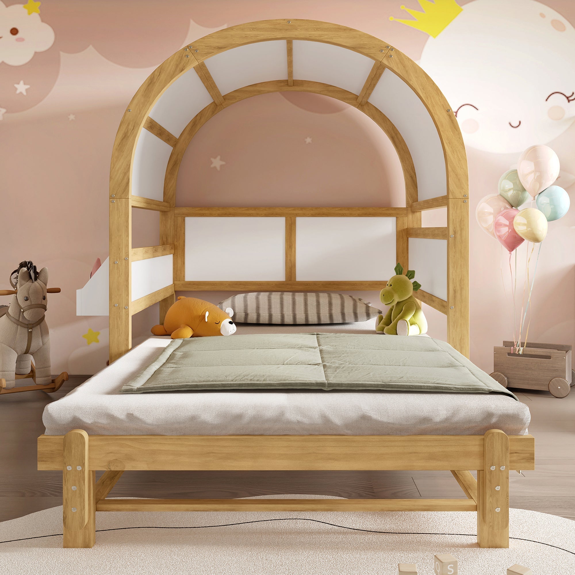 Extendable Arched Roof Bed Sliding Daybed 140x200cm Small Shelf - White/Natural