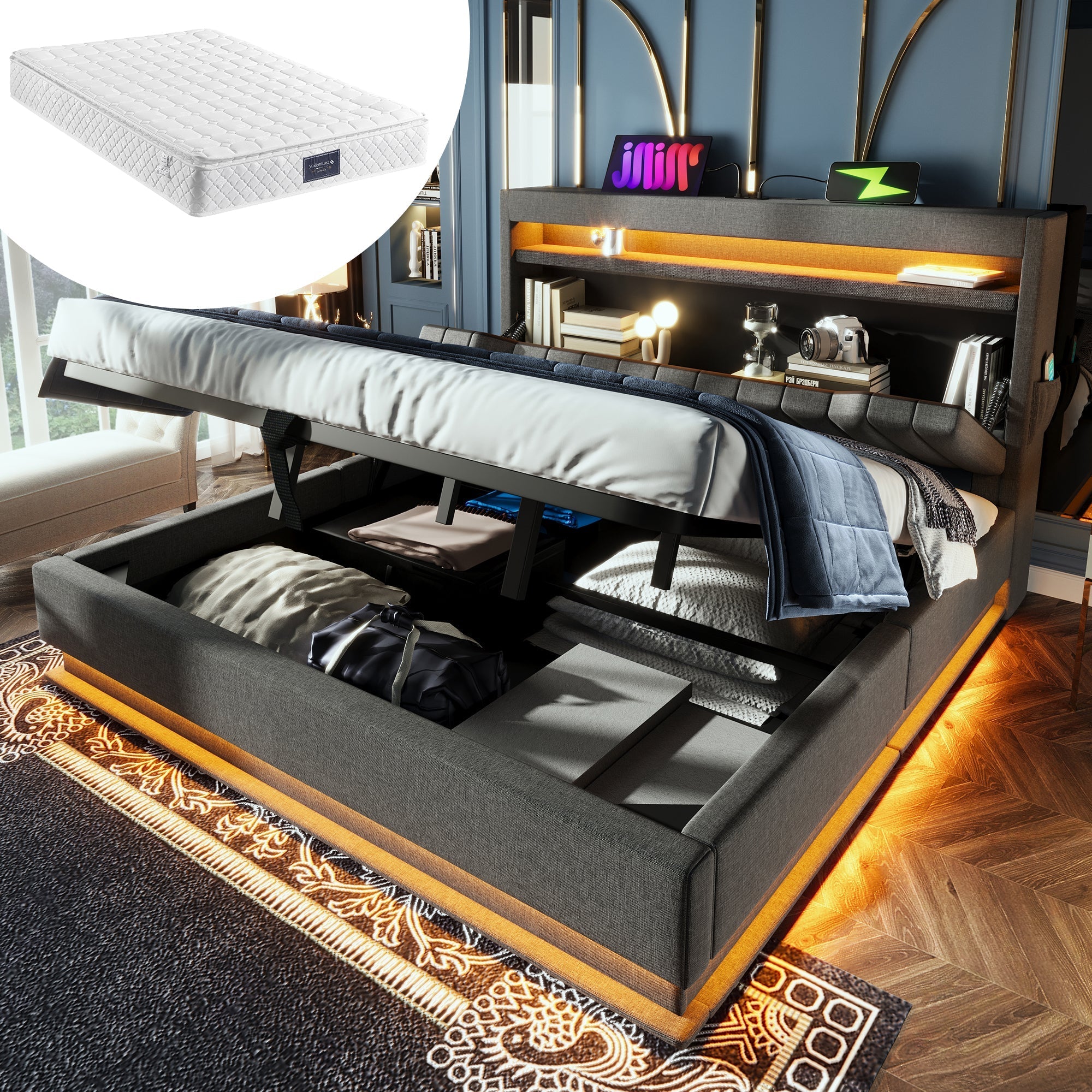 Upholstered Double Bed 160x200cm, Hydraulic Storage Headboard with USB/Type-C, LED Lights, Grey Linen