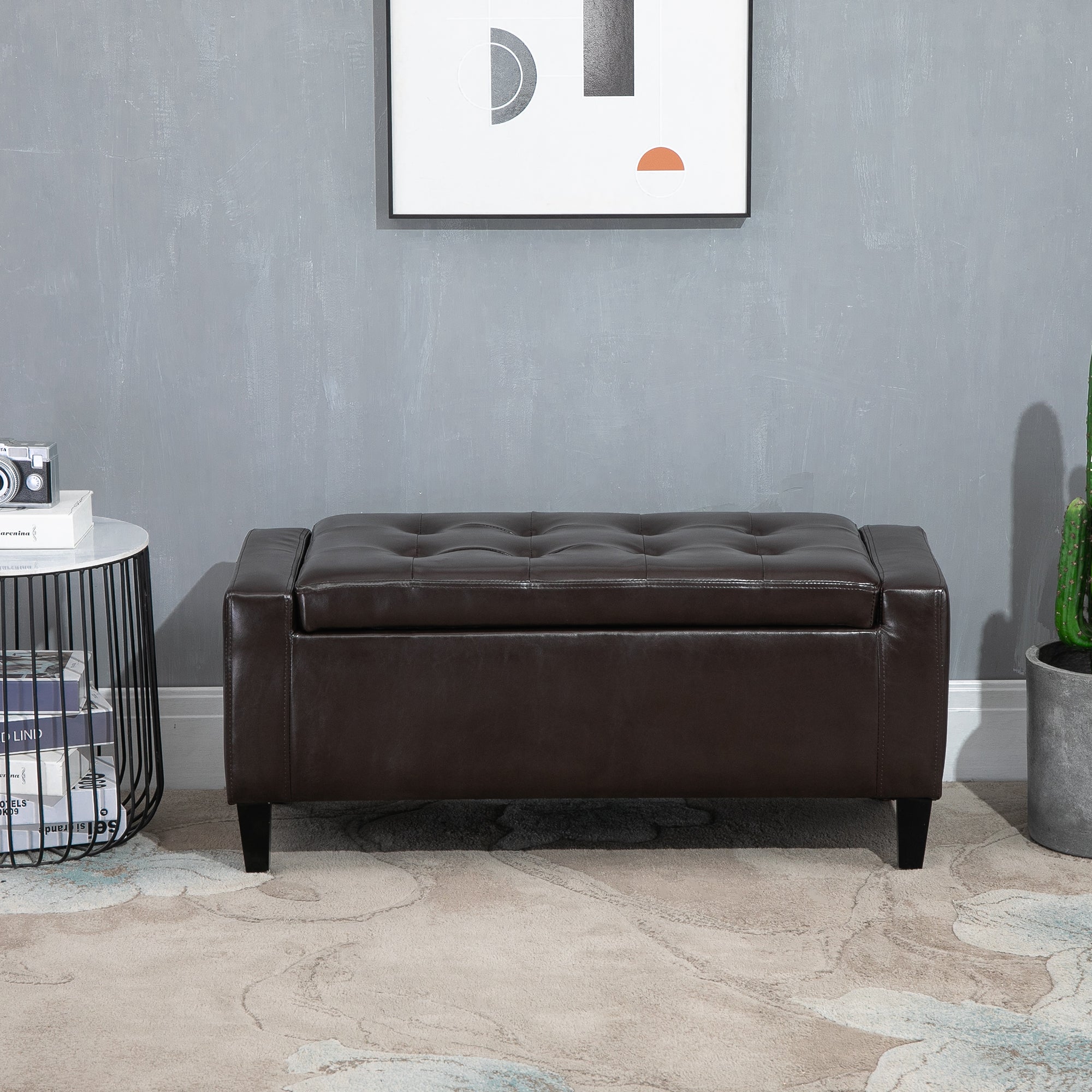 PU Leather Storage Ottoman Bench Chest Cube w/ Flipping Top Brown