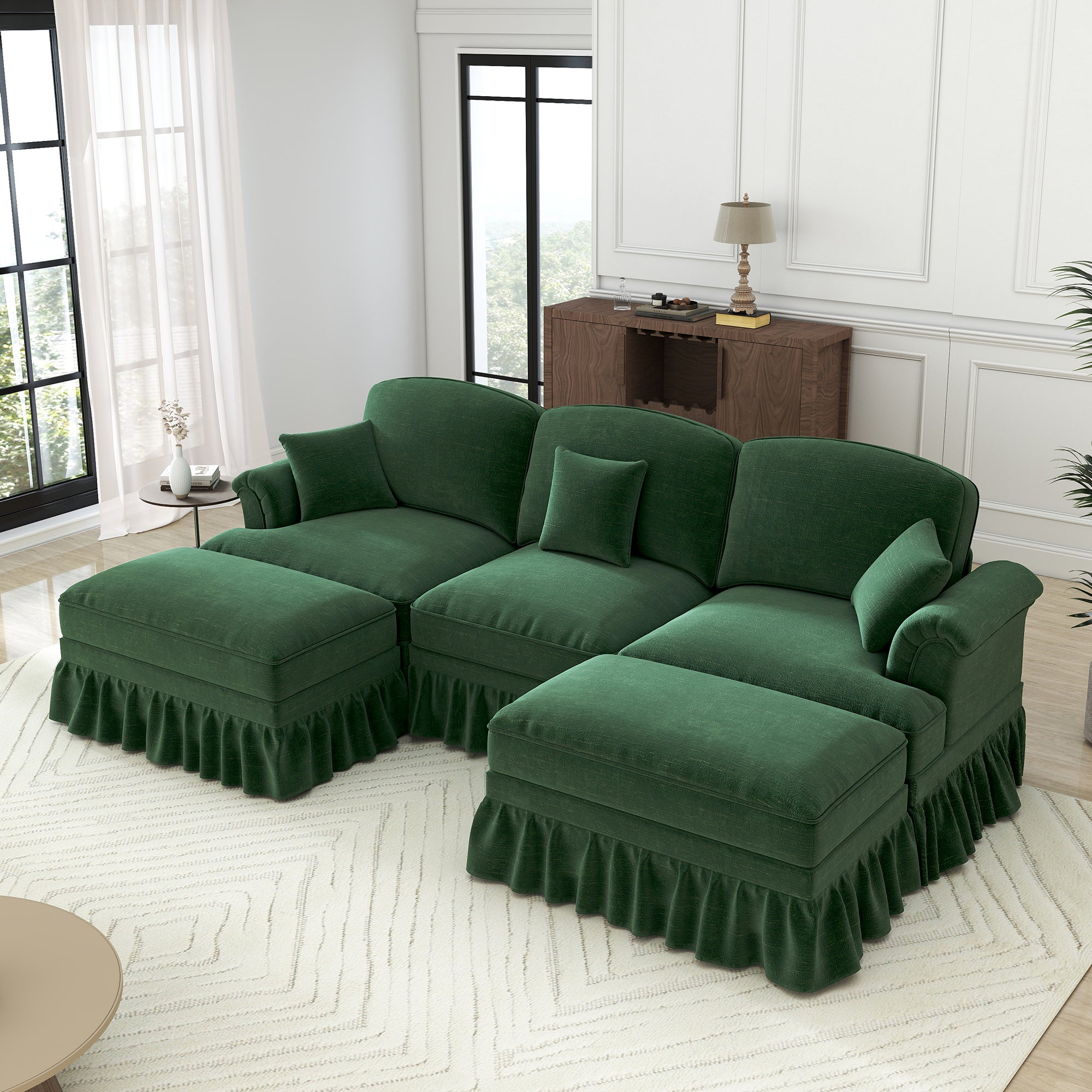 Classic U-Shaped Modular Sofa with Ottoman, Chenille - Green