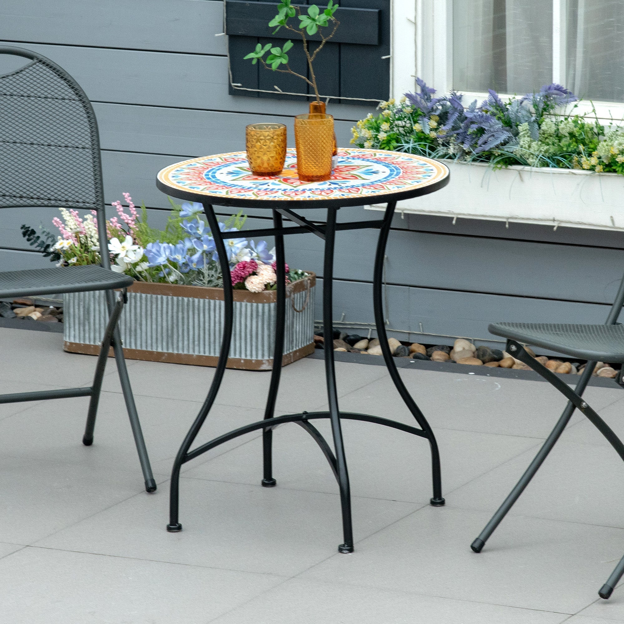 Garden Table Mosaic Bistro Side Table Round Ø60 cm, Ceramic Metal Red+Blue+White