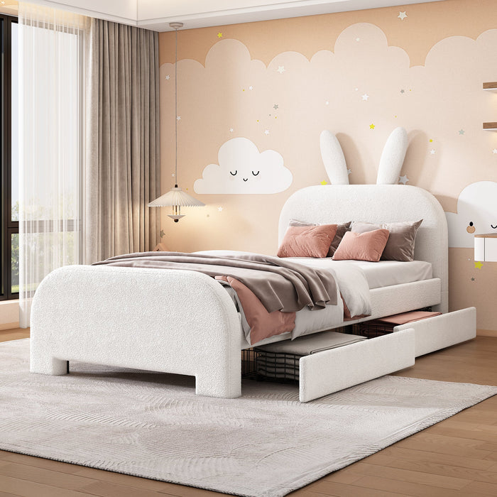 Flat Bed 90x200cm Padded Rabbit Shape 2 Drawers - White