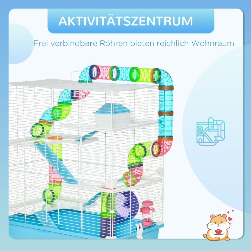 Kleintierkäfig, 5 Ebenen mit Laufrad, Hellblau + Weißer Kunststoff