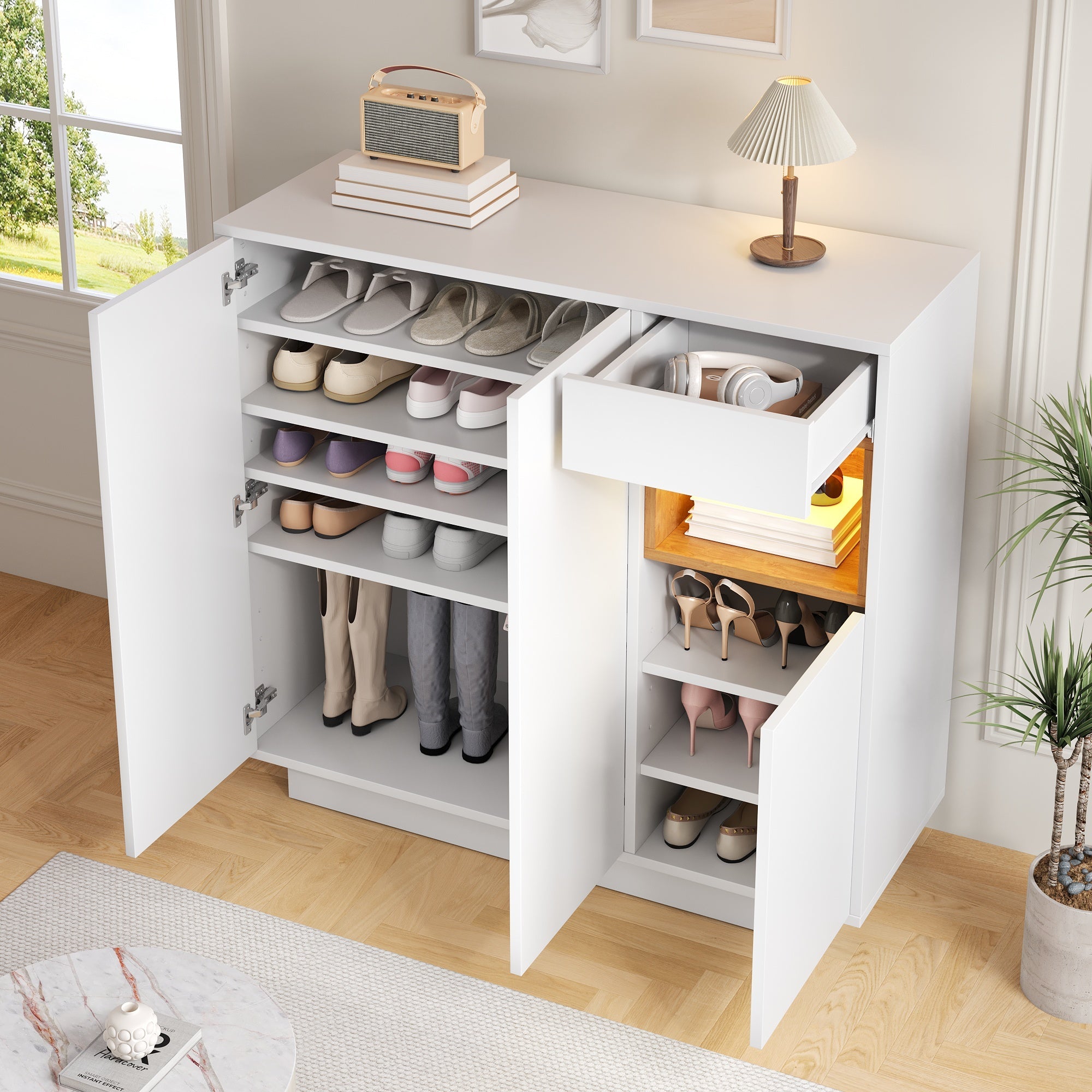 Shoe Cabinet with Adjustable Shelves for 14-18 Pairs, White and Natural Wood