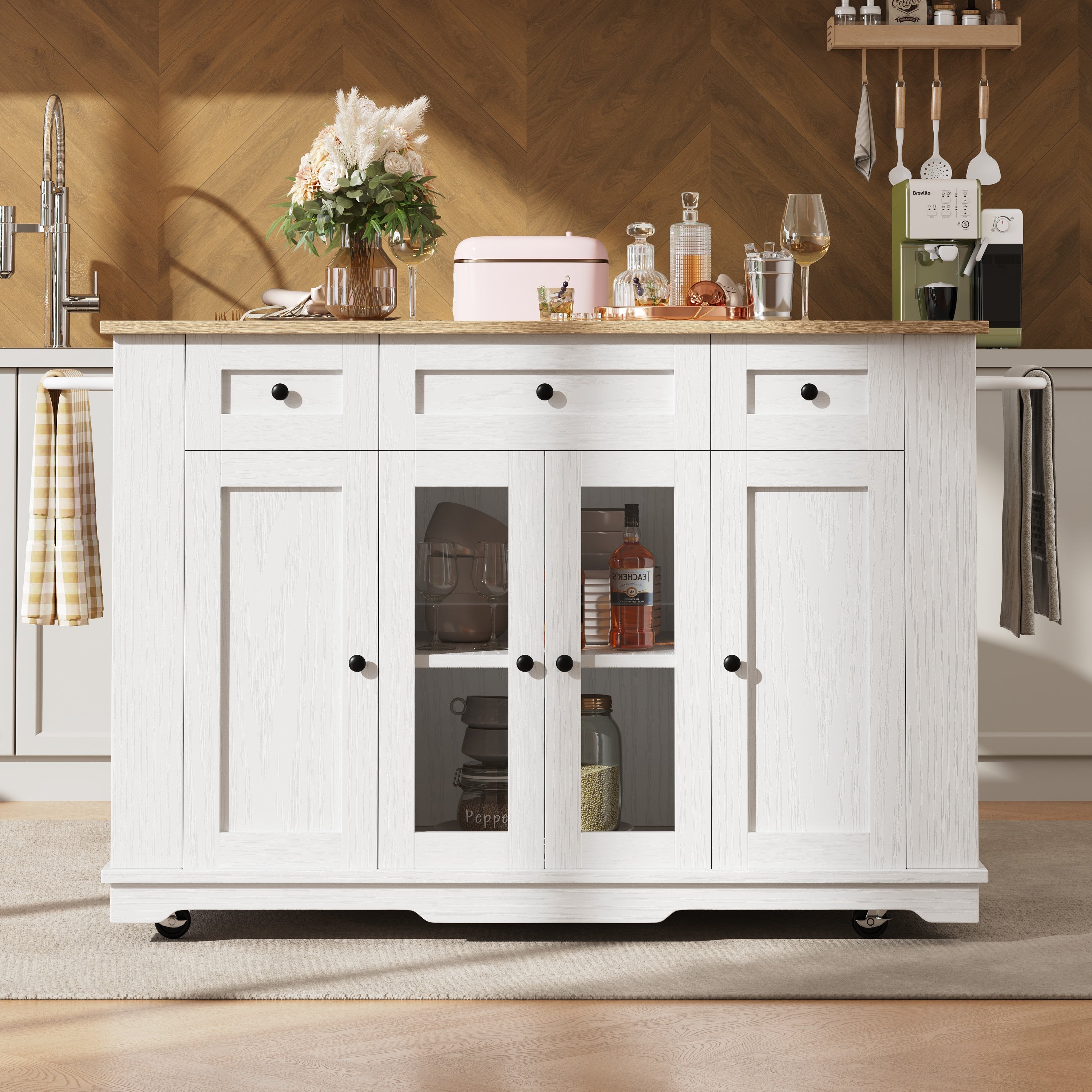 Kitchen Island, 151.5x60x91.7cm Removable Partitions Worktop Tempered Glass Cabinet, White/Black