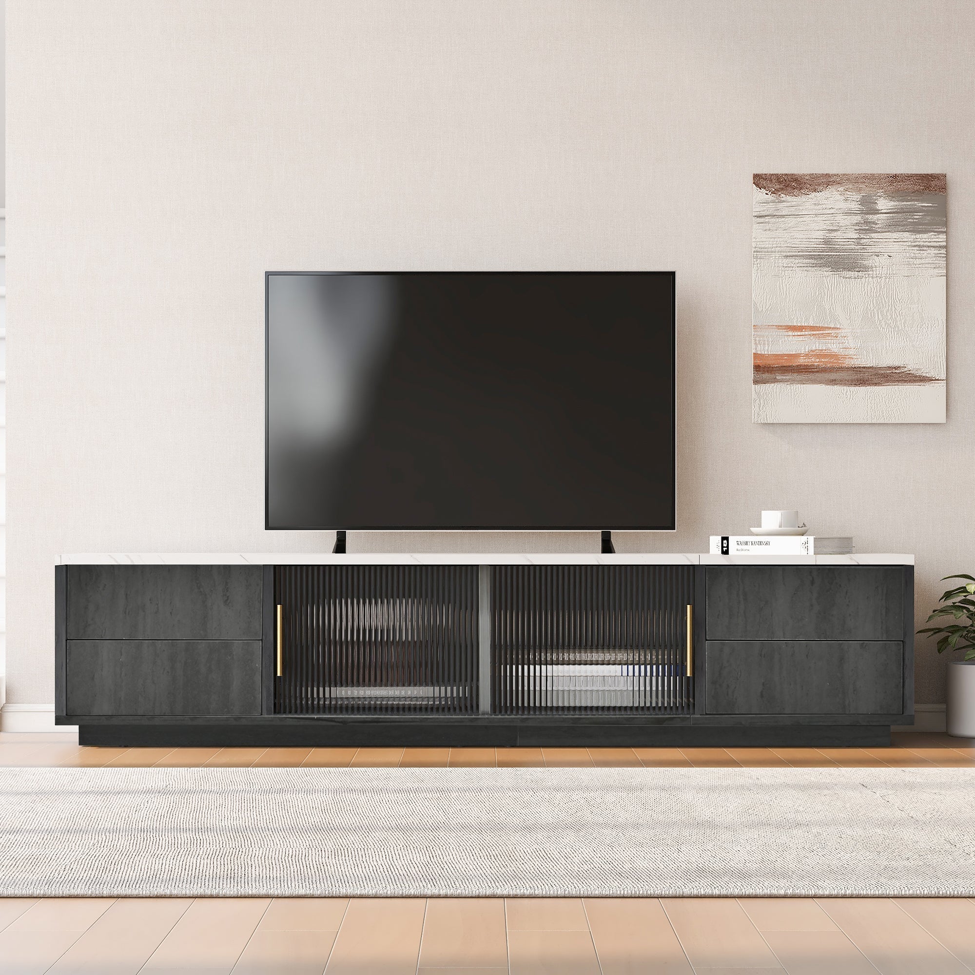 TV Stand 160cm Marbled Top Push-to-Open Drawers - Grey