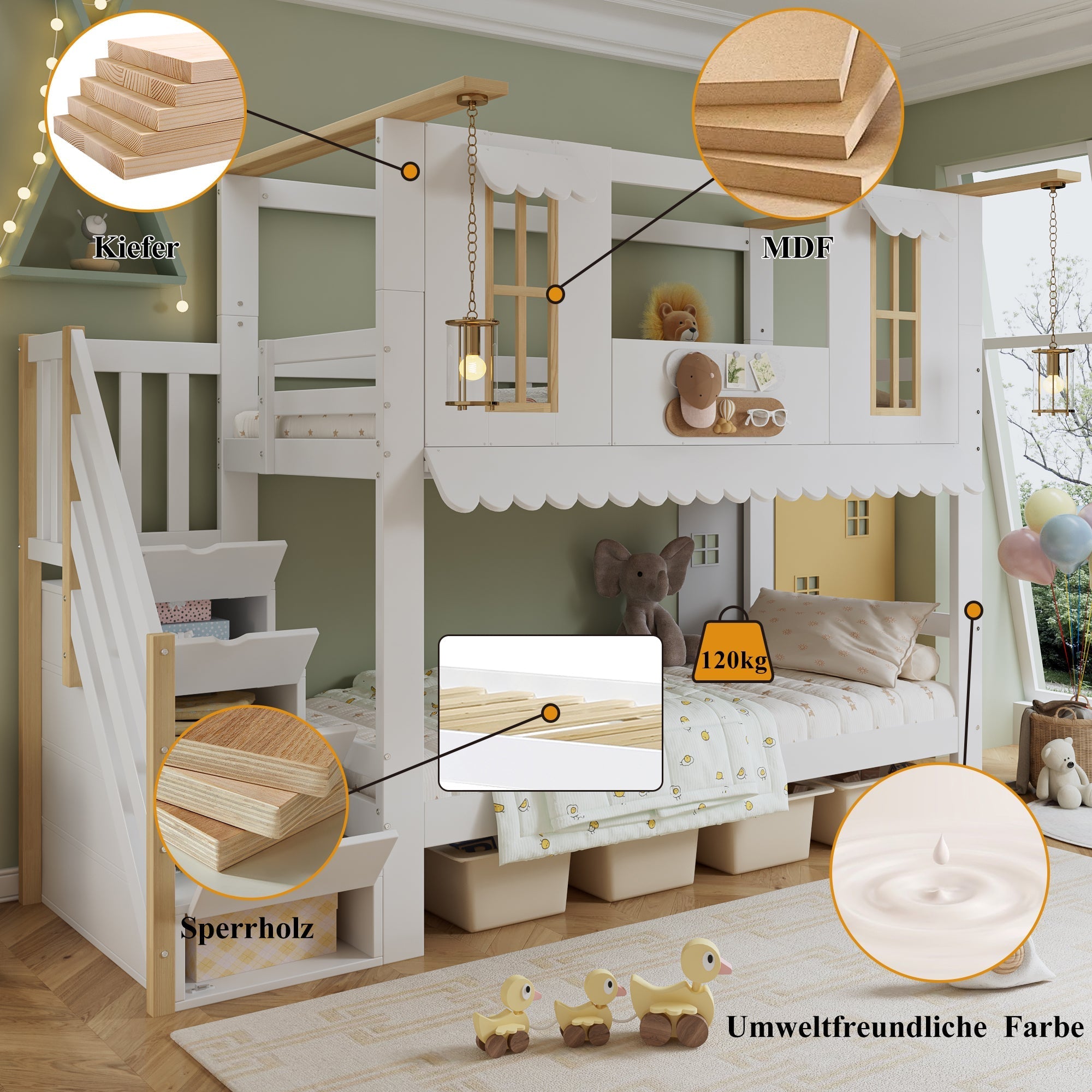 Bunk bed, children's bed with storage stairs, exquisite windows, wavy roof edge, white + natural