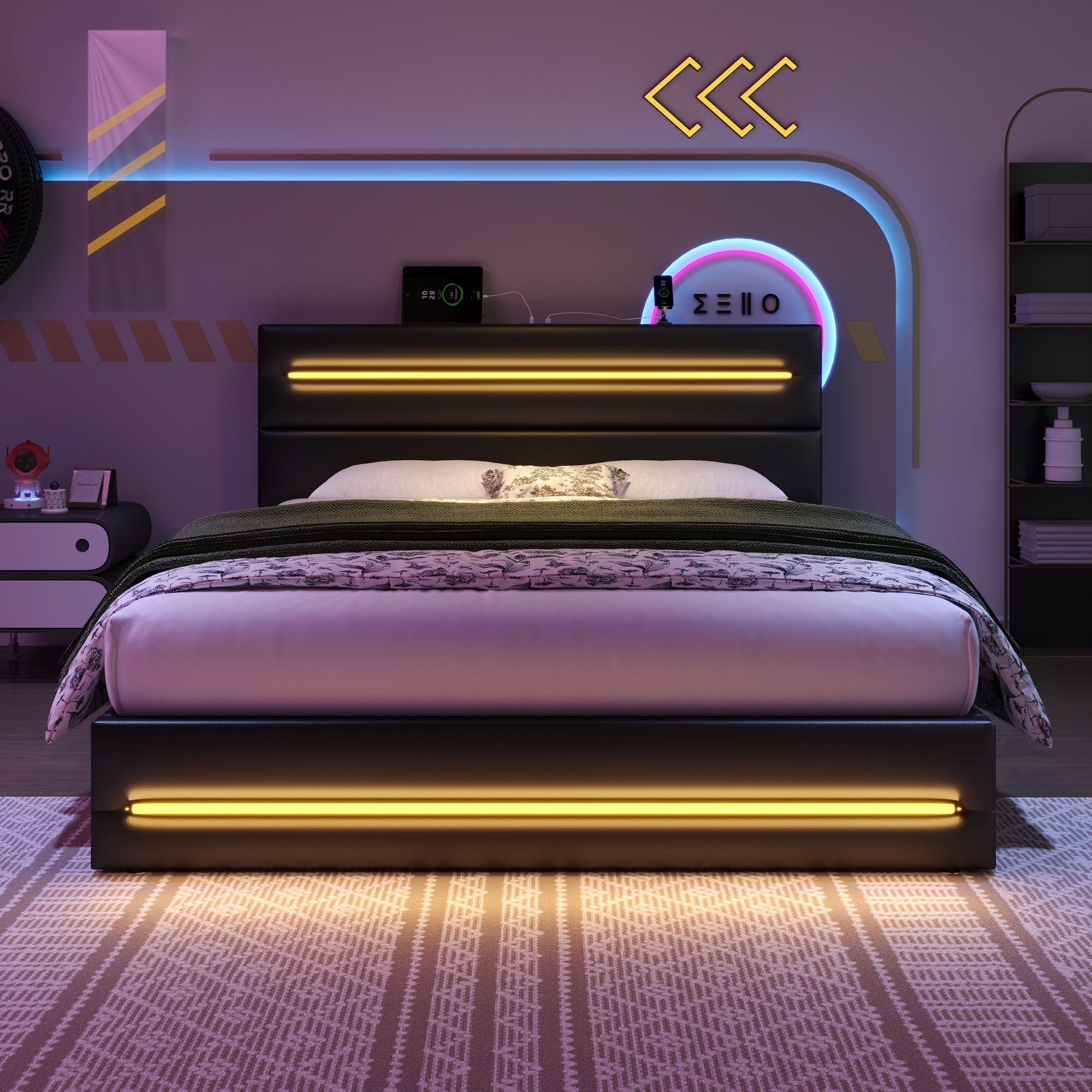 5ft King Upholstered Bed Frame with Hydraulic Storage, LED Lighting and Charging Station, Black PU