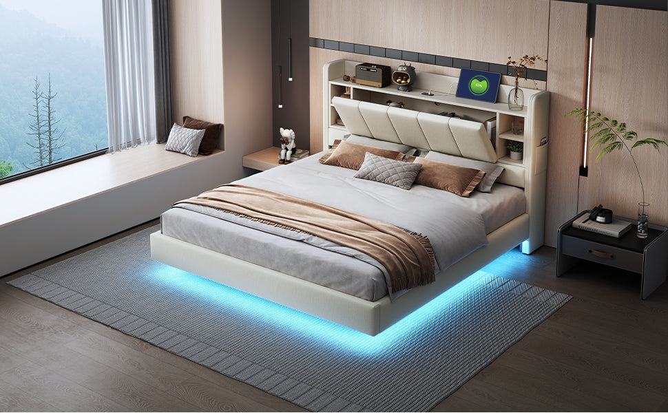 Upholstered Bed 160x200cm, USB Socket, LED Light, Reversible Headboard Storage, Linen Beige