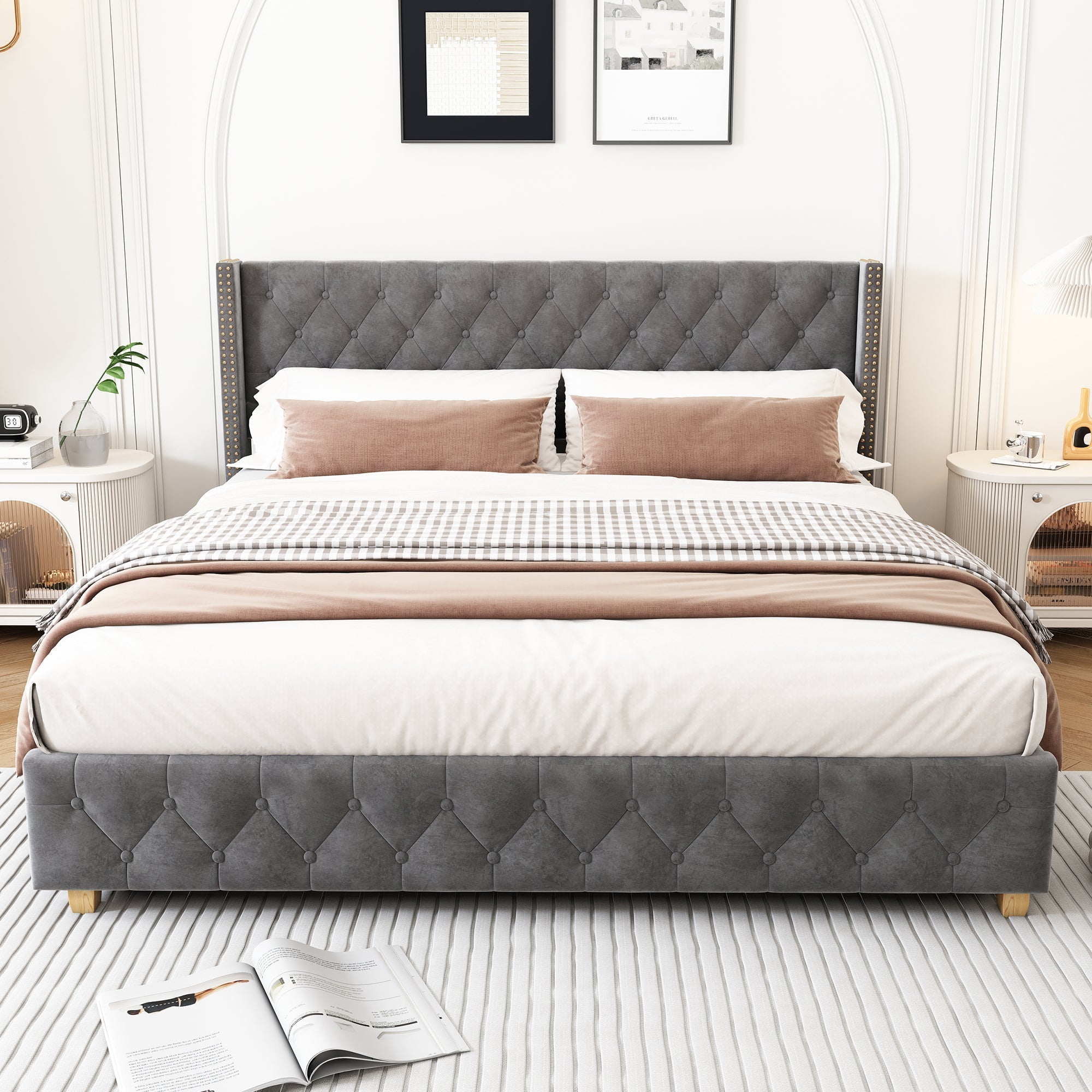 Upholstered Bed 160x200cm Button Studded Headboard Slatted Frame - Velvet Grey