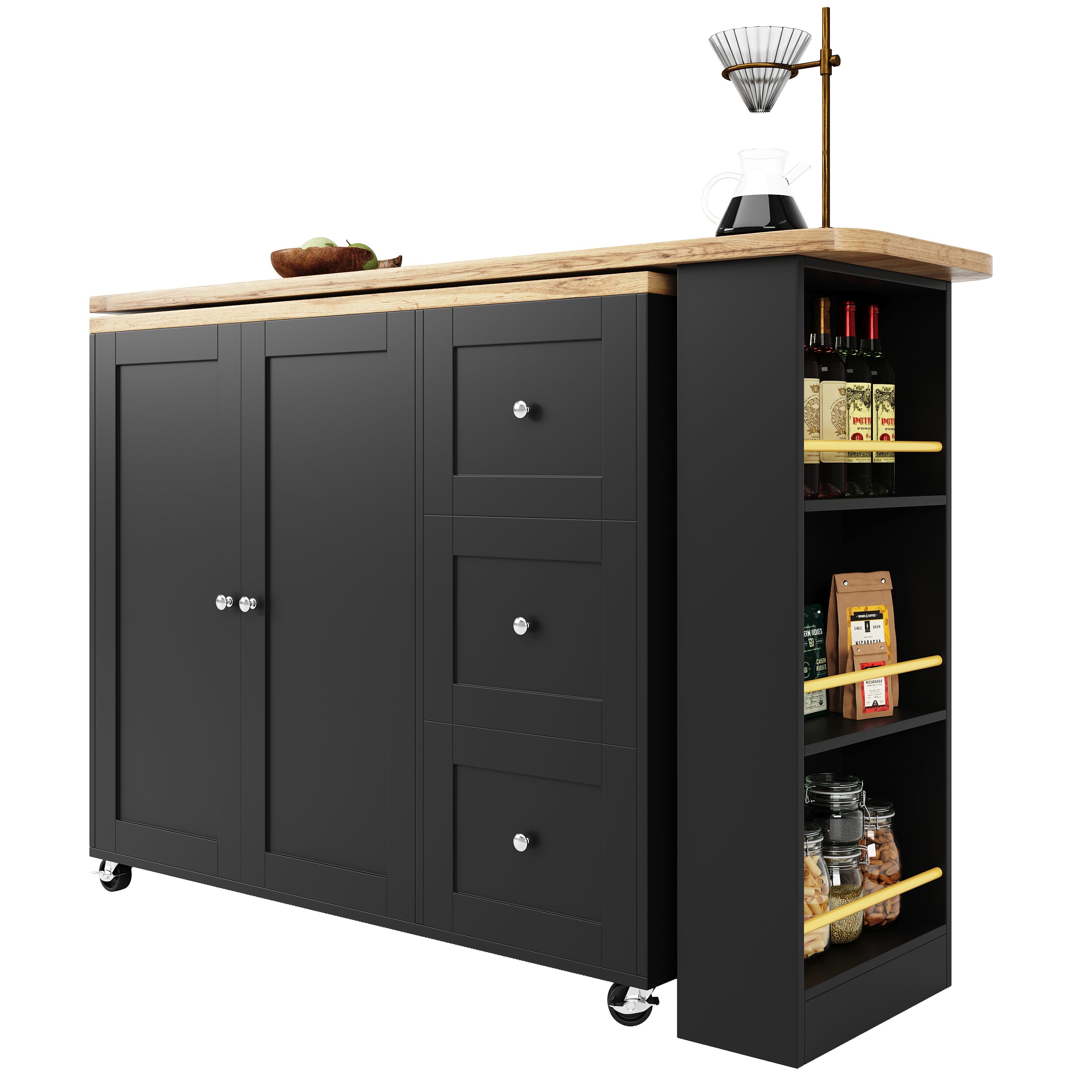 360° Rotating Bar Table Extendable On Casters Storage Island 3 Drawers Black