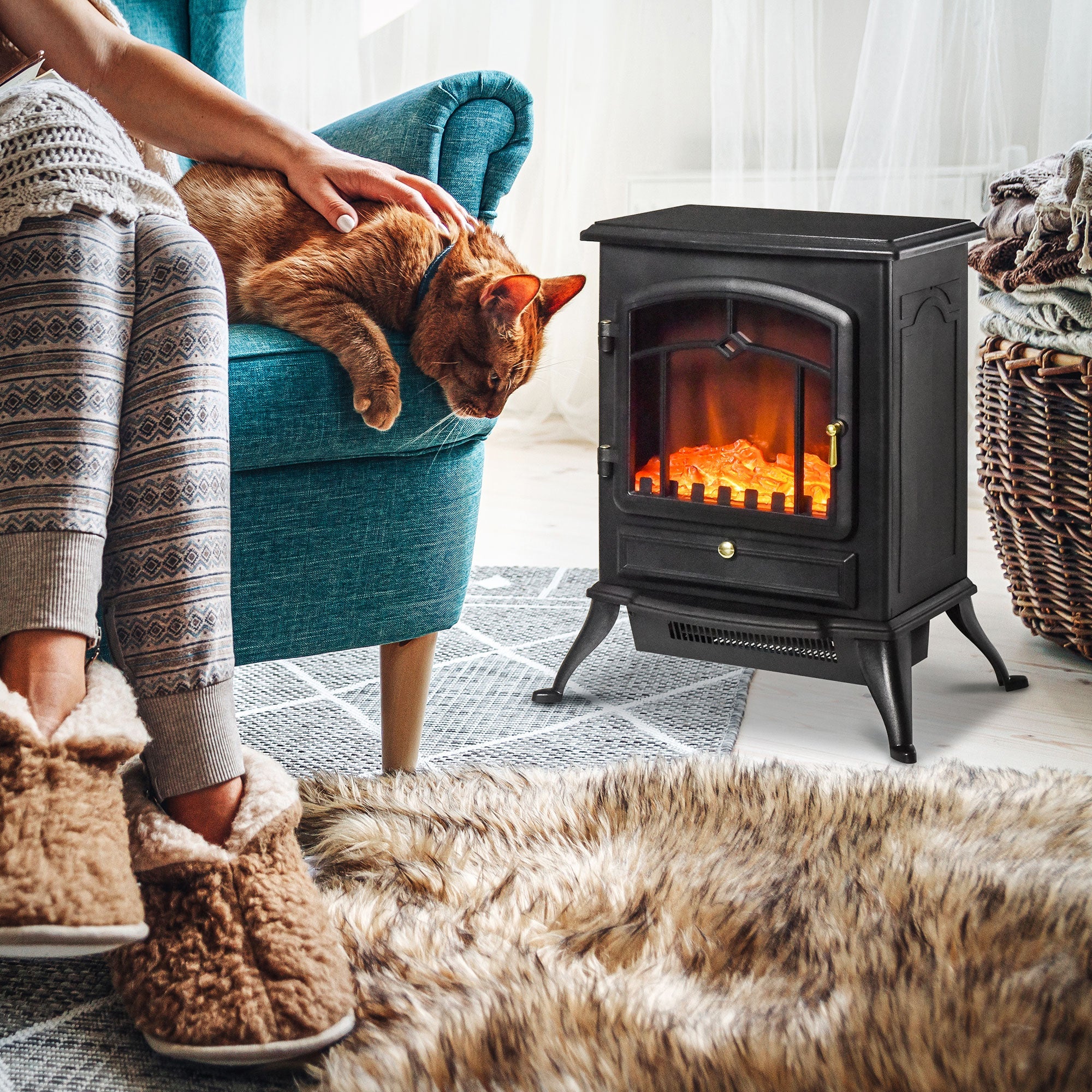 Electric Fireplace, Flame Effect 1000/2000W Overheat Protection, Black