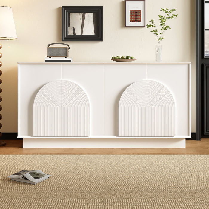 Modern Sideboard with Curved Doors, 4-Door Storage Cabinet for Living Room & Dining Room, White MDF with Matte Finish
