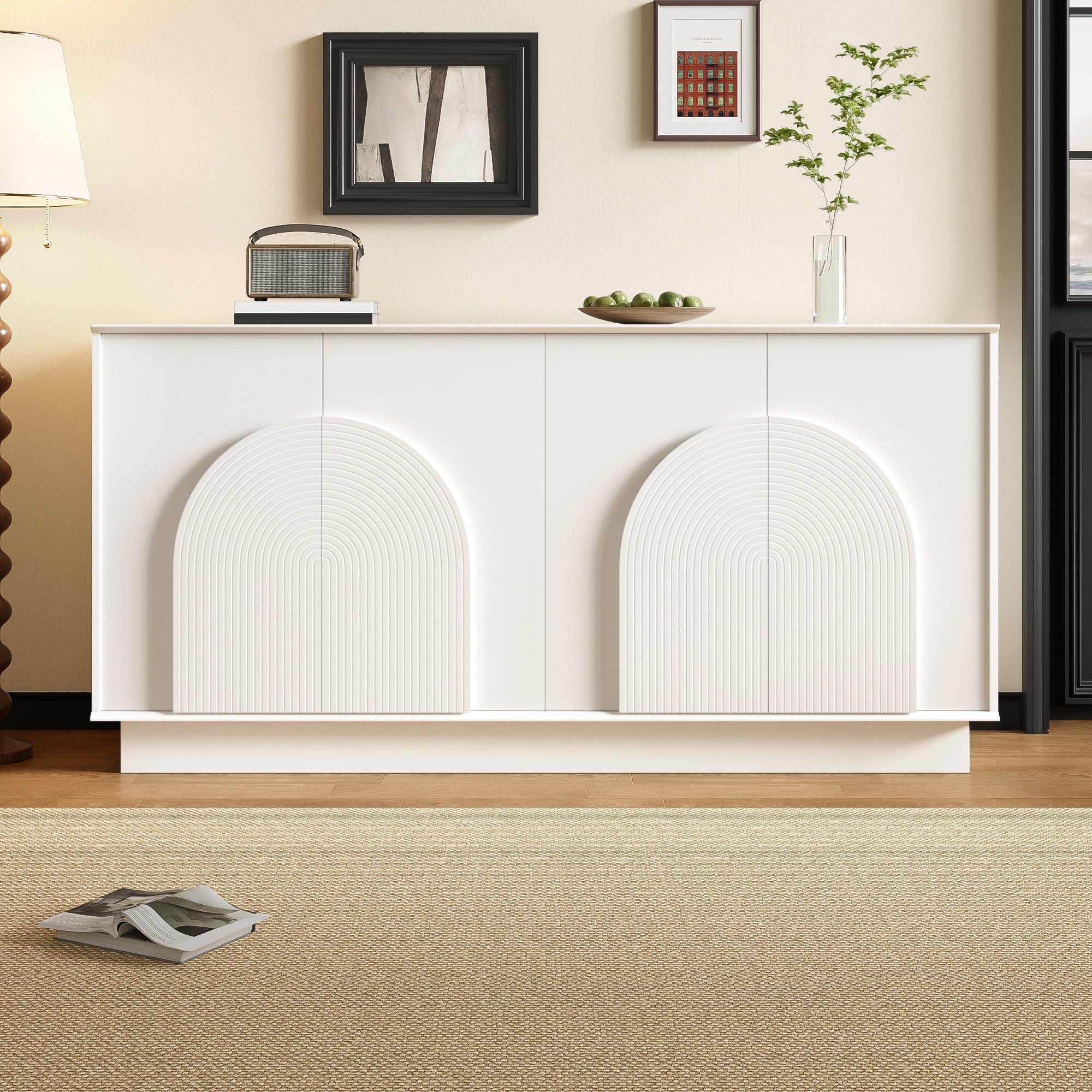 Modern Sideboard with Curved Doors, 4-Door Storage Cabinet for Living Room & Dining Room, White MDF with Matte Finish