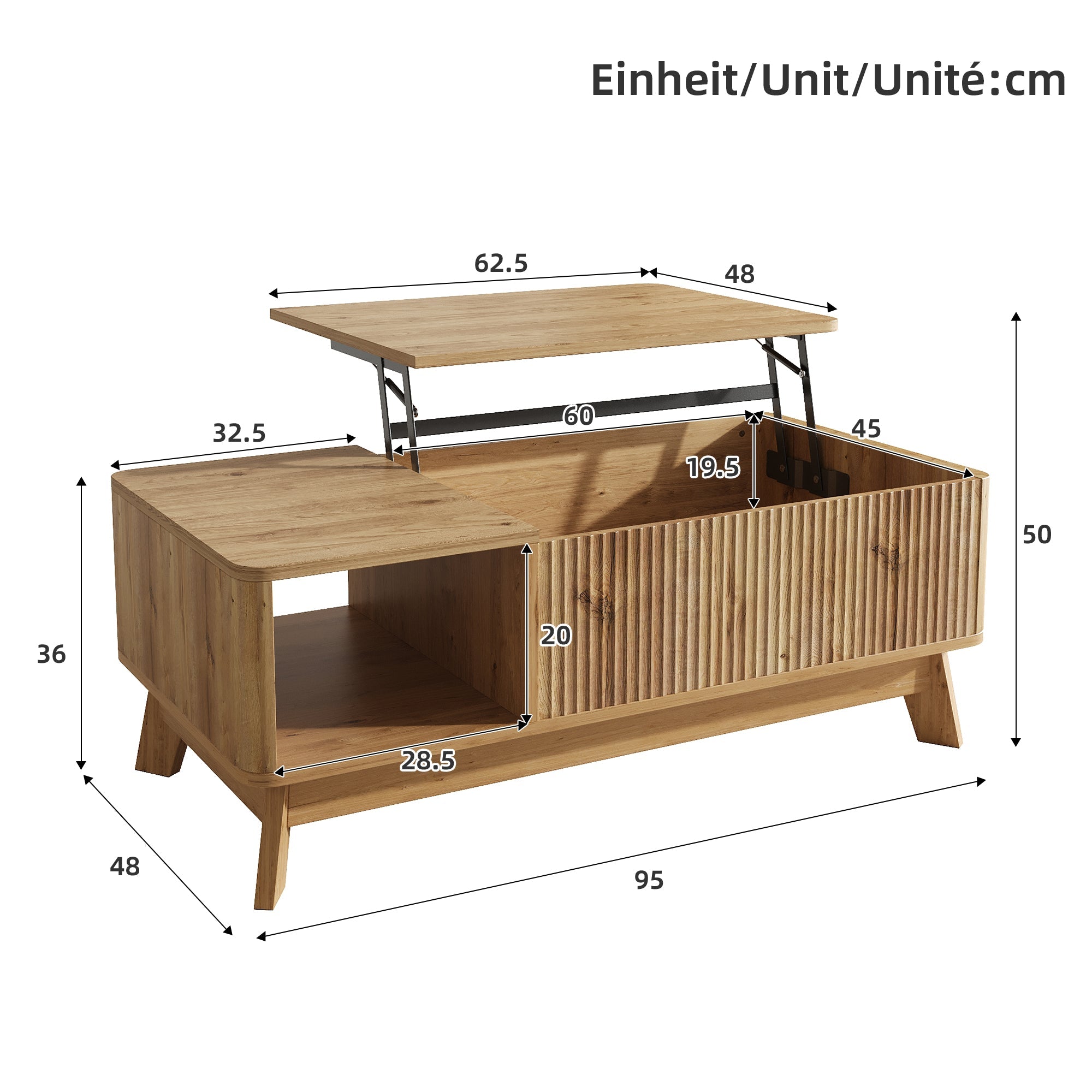 Coffee Table with Lifting Mechanism, Wave Design and Open Side Compartment, MDF Material