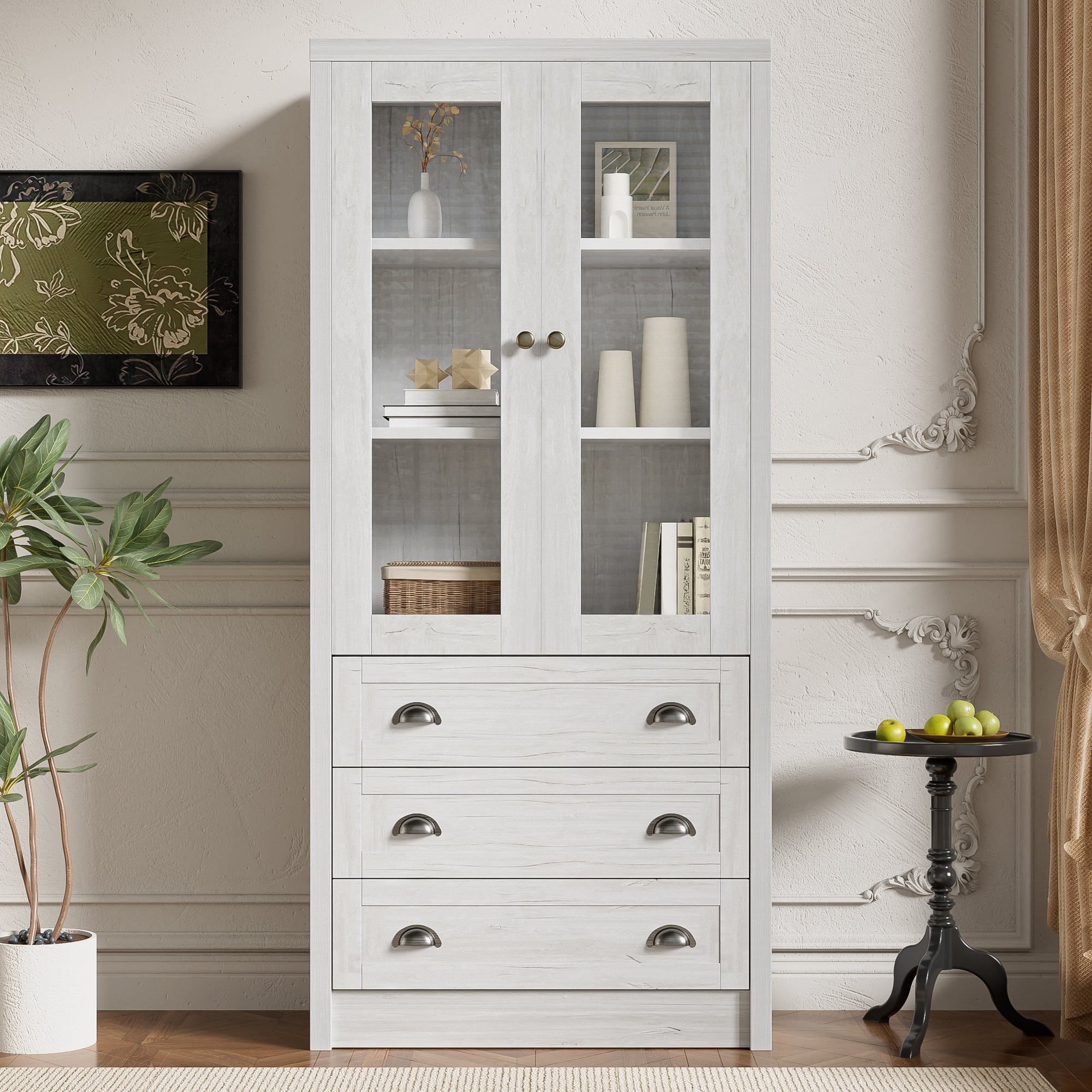 Modern Highboard Cabinet, 80x34x171 cm, Glass Doors, 3 Drawers, Wood Look with Copper Handles