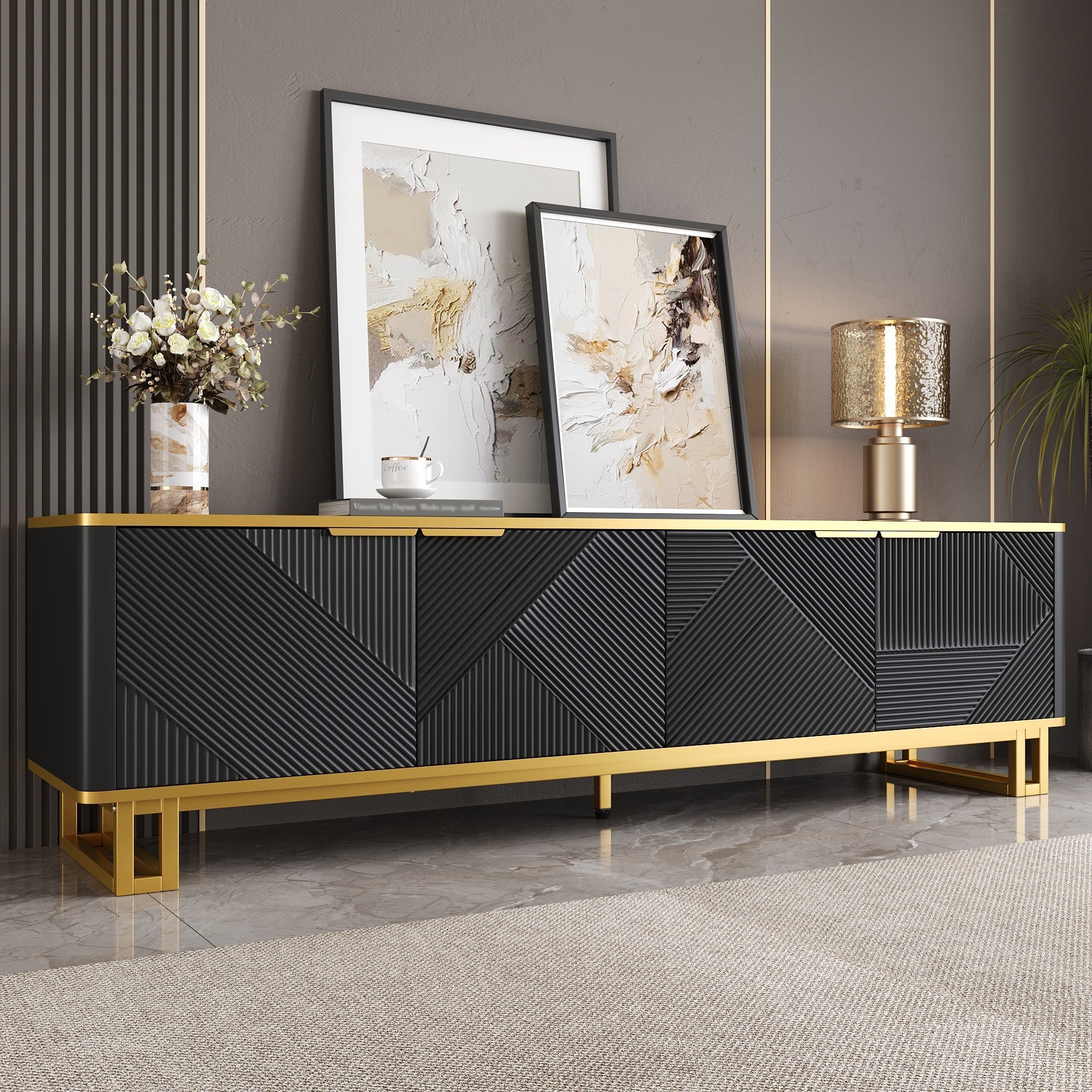 Low TV Stand 4 Doors Geometric Texture 160cm
