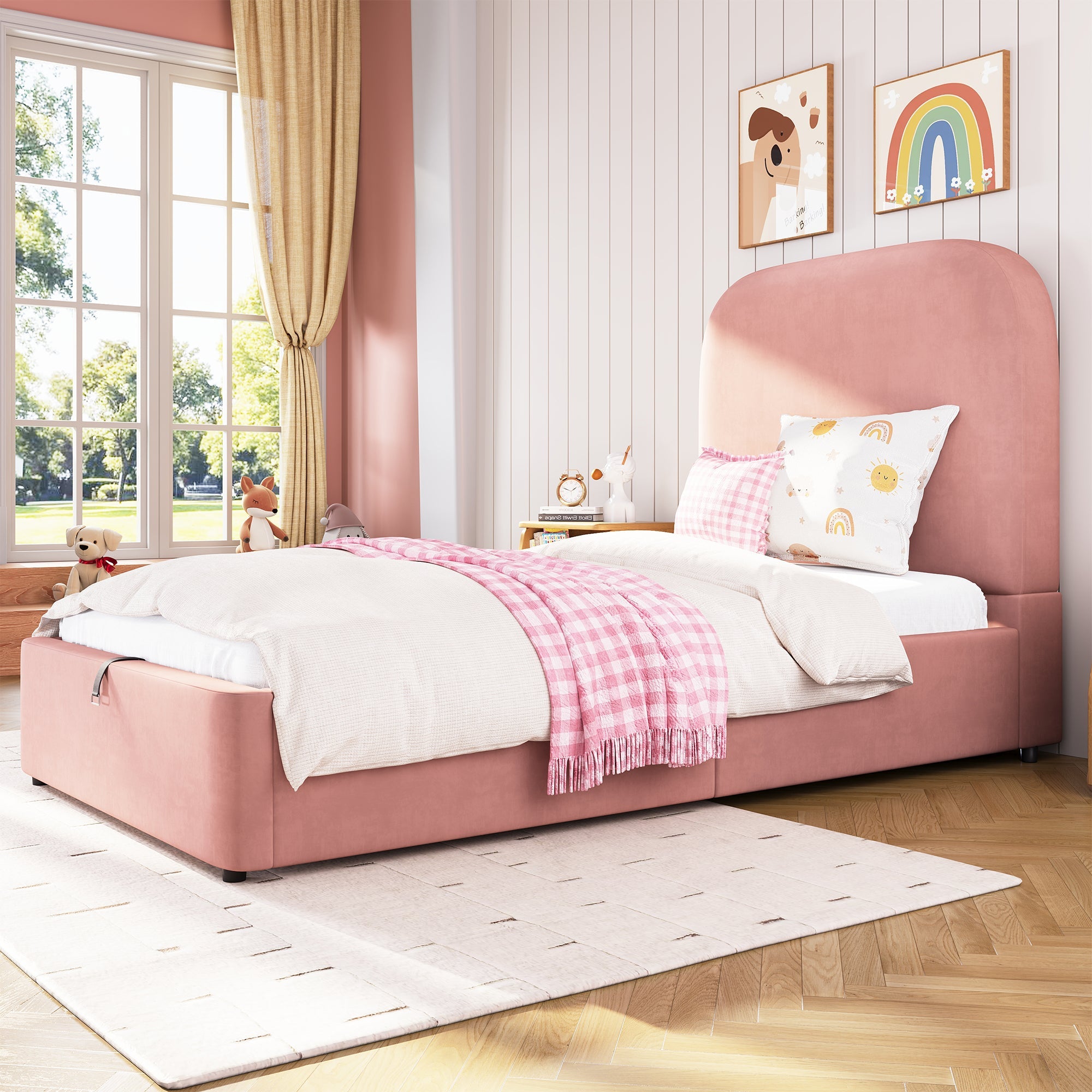 Upholstered Bed 90x200cm Hydraulic Storage Headboard, Velvet Pink