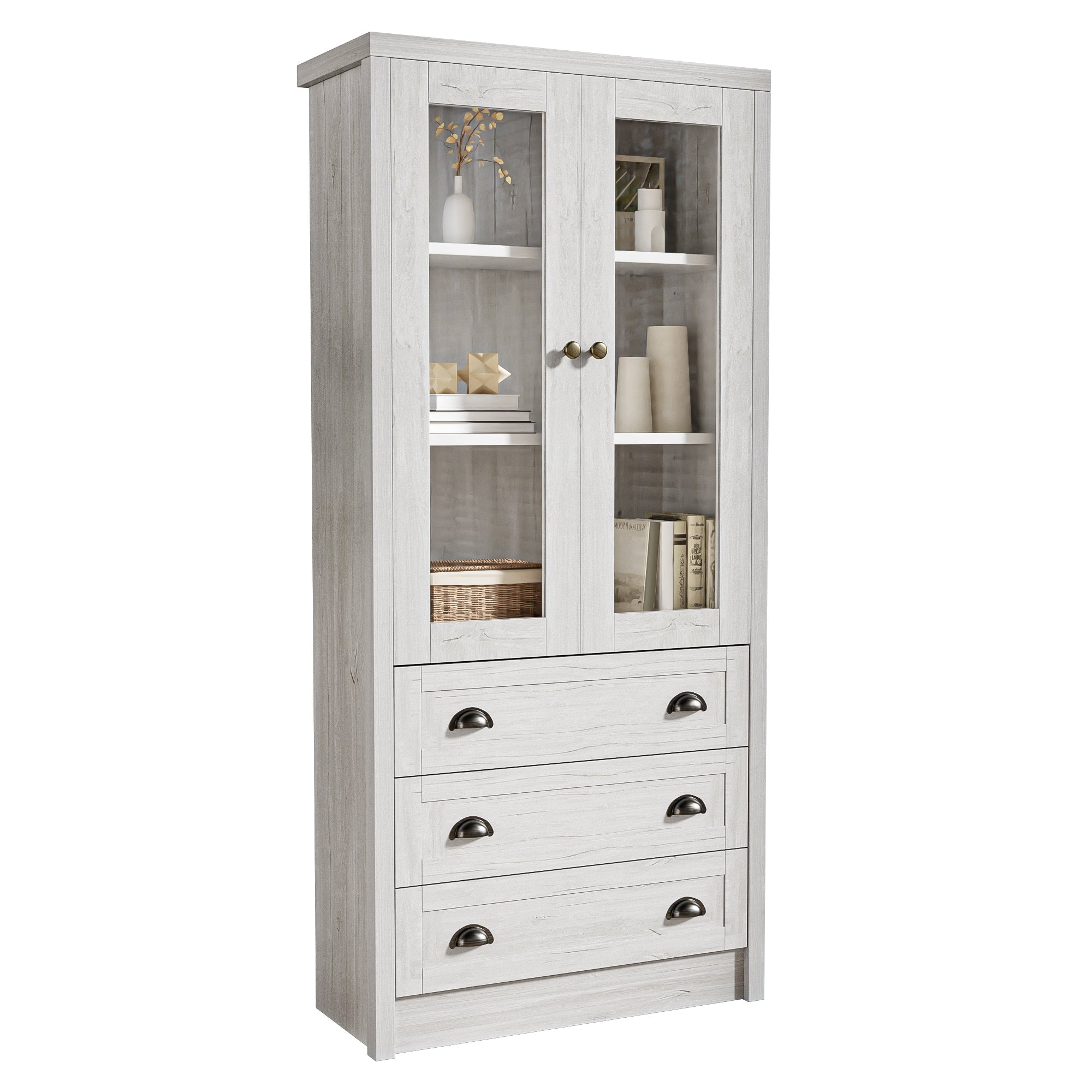 Modern Highboard Cabinet, 80x34x171 cm, Glass Doors, 3 Drawers, Wood Look with Copper Handles