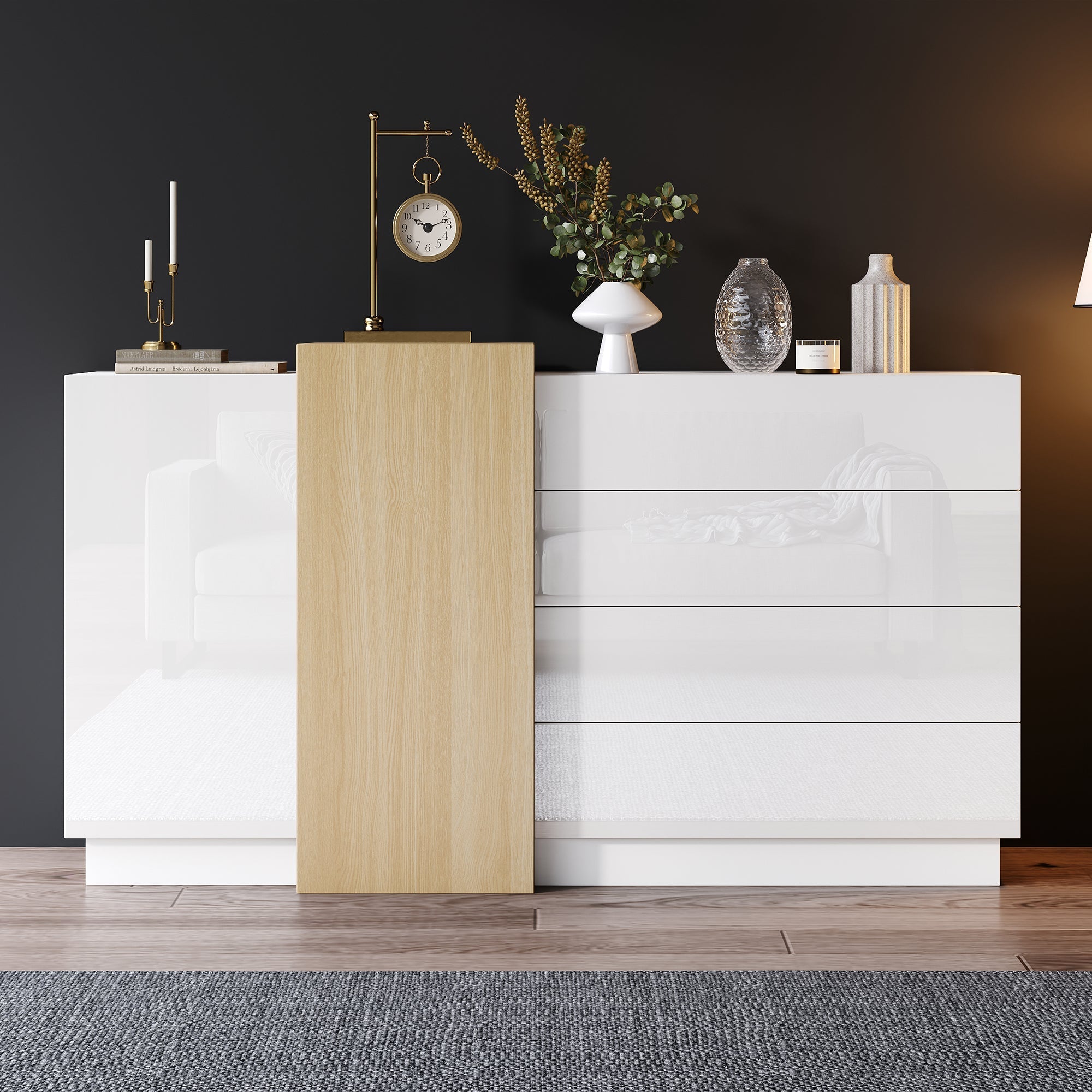 Sideboard Storage Cabinet, High-Gloss Modern Wood-Colored White
