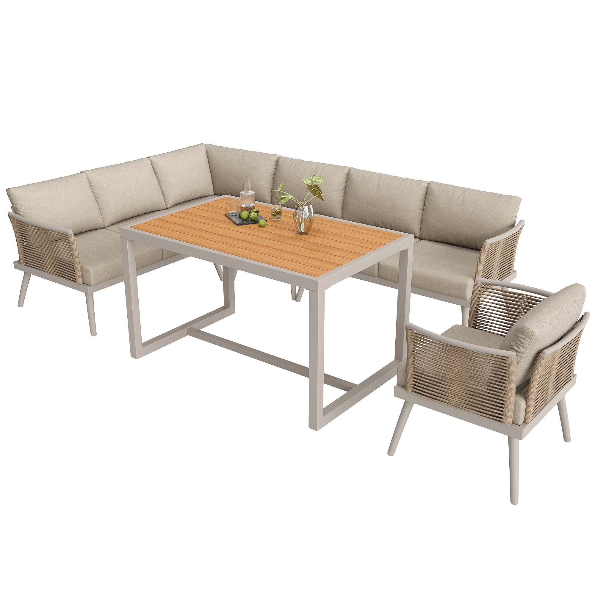 L-Shaped Garden Sofa Set with Coffee Table and Armchair, Seven-Seater Weatherproof Iron, Grey and Beige