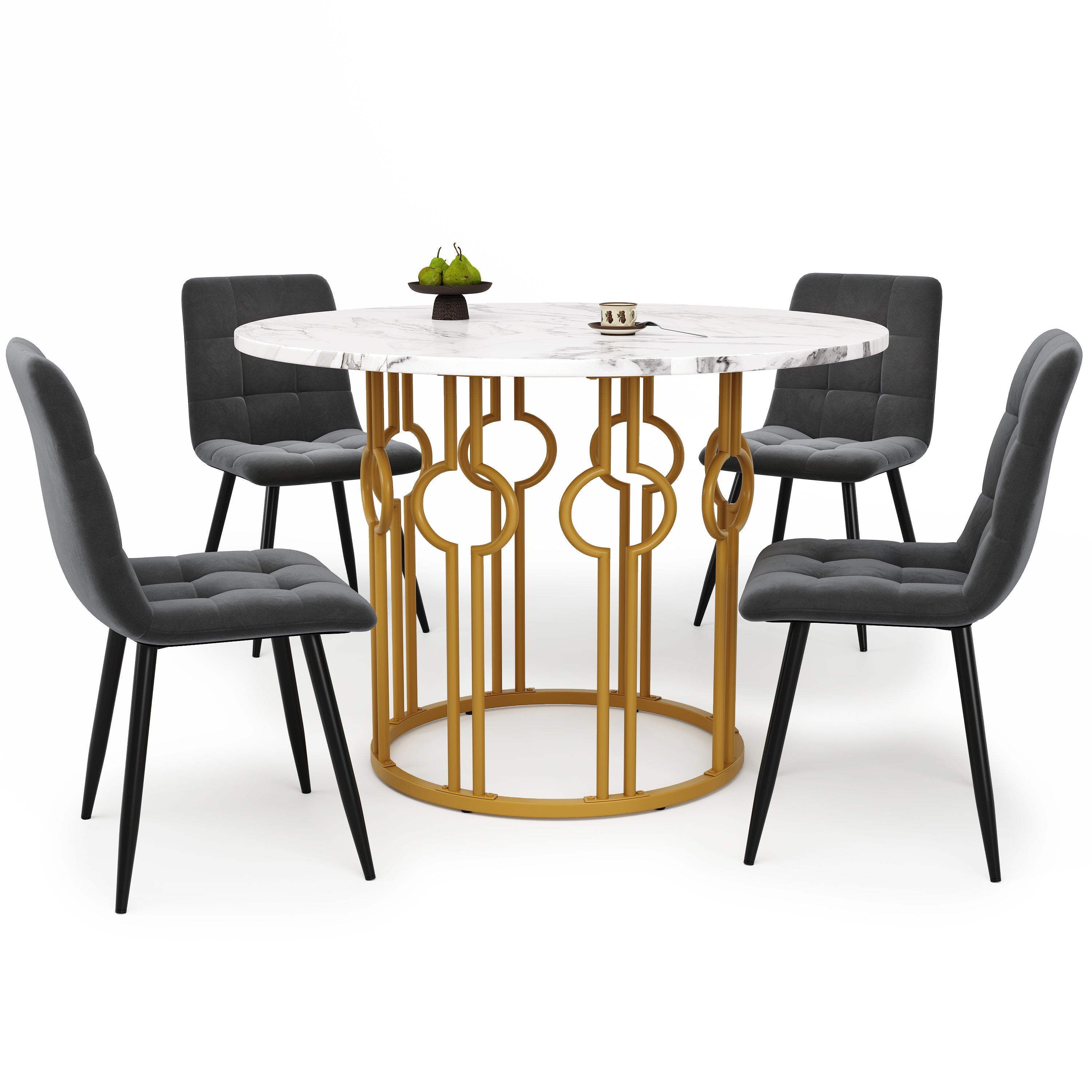 Dining Set 5-Piece Round Table 100cm, 4 Chairs, Gold Metal Legs, White MDF Top | Dark Grey Velvet